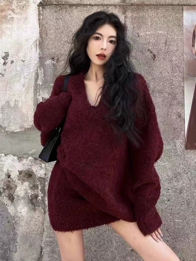 한 부서 품격 착용 가져 가라. 전체 집합 가을 겨울철 여성 의류 느긋한 바람 V넥 스웨터 니트 타이트 스커트 미니 스커트 투피스 세트 상세 이미지 14