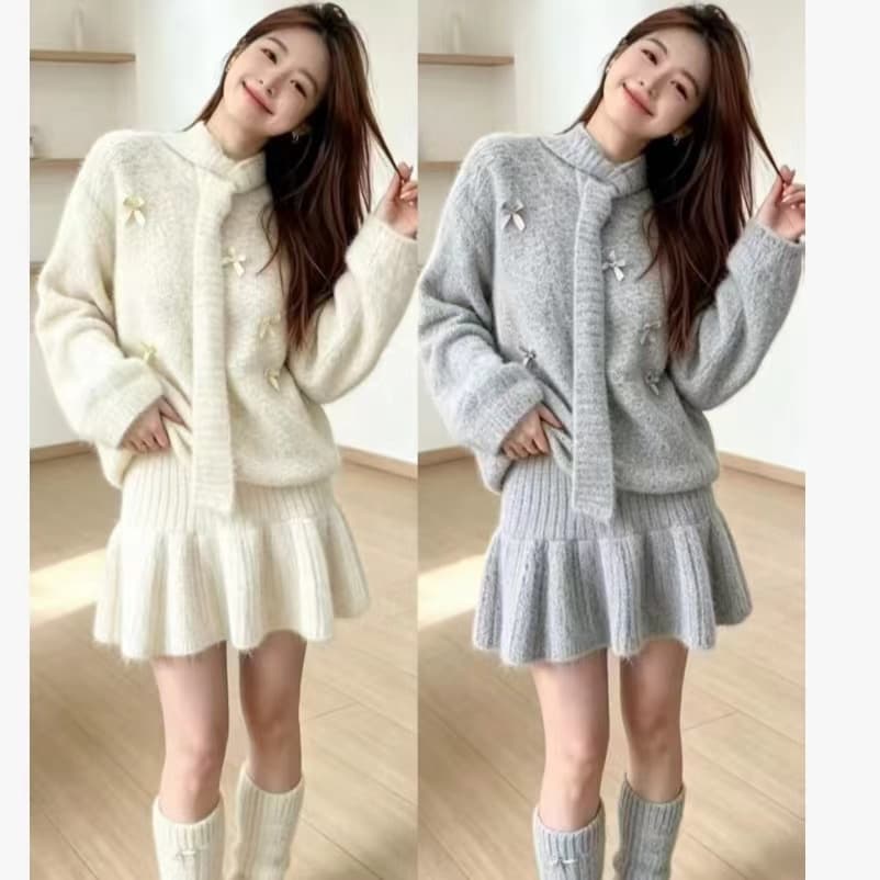 한 부서 전체 집합 착용 가져 가라. 스웨터 세트 무거운 작업 나비 매듭 연령 감소 니트 미니 스커트 보내기 스카프 양말 사피스 세트 이미지 2