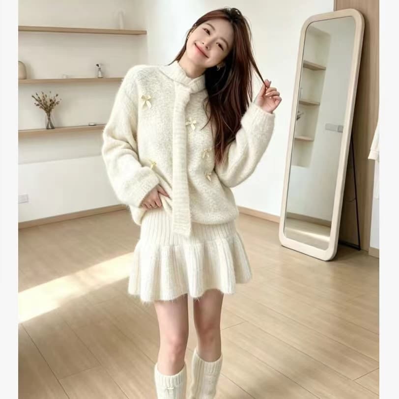 한 부서 전체 집합 착용 가져 가라. 스웨터 세트 무거운 작업 나비 매듭 연령 감소 니트 미니 스커트 보내기 스카프 양말 사피스 세트 상세 이미지 13