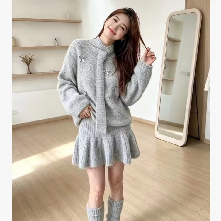 한 부서 전체 집합 착용 가져 가라. 스웨터 세트 무거운 작업 나비 매듭 연령 감소 니트 미니 스커트 보내기 스카프 양말 사피스 세트 상세 이미지 14