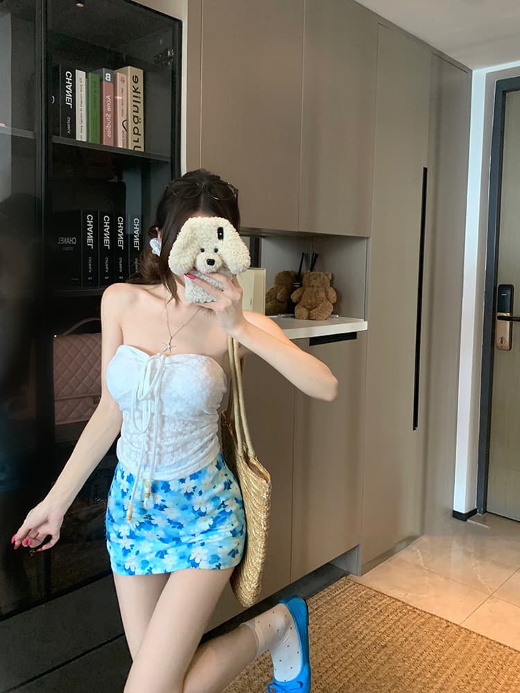 실사 튜브탑 행침 목 둘 착용 조끼 슬립 여름 새로운 공작 블루 꽃무늬 치마 투피스 슈트 상세 이미지 7