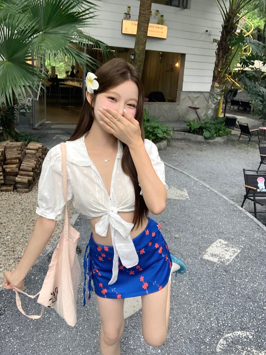실사 프랑스식 자카드 스트랩 작은 셔츠 여성용 짧은 소매 셔츠 맨위 파란색 꽃무늬 반신 스커트 미니 스커트 이미지 2
