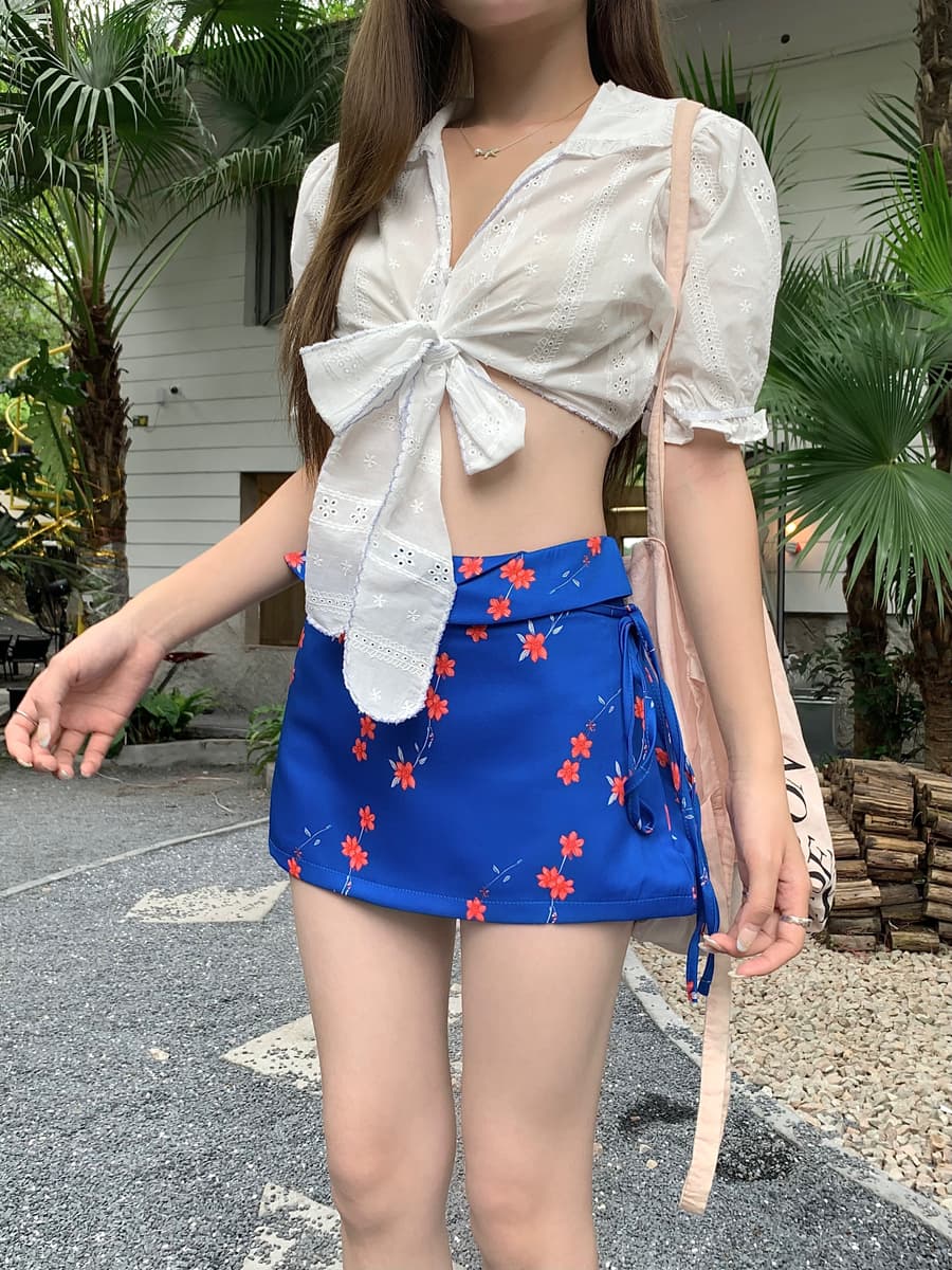 실사 프랑스식 자카드 스트랩 작은 셔츠 여성용 짧은 소매 셔츠 맨위 파란색 꽃무늬 반신 스커트 미니 스커트 상세 이미지 3