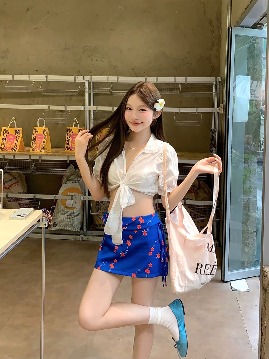 실사 프랑스식 자카드 스트랩 작은 셔츠 여성용 짧은 소매 셔츠 맨위 파란색 꽃무늬 반신 스커트 미니 스커트 상세 이미지 5