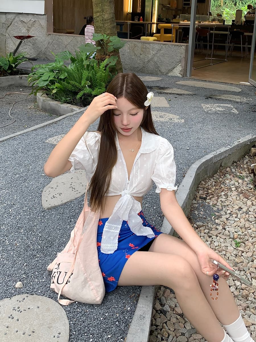 실사 프랑스식 자카드 스트랩 작은 셔츠 여성용 짧은 소매 셔츠 맨위 파란색 꽃무늬 반신 스커트 미니 스커트 상세 이미지 9