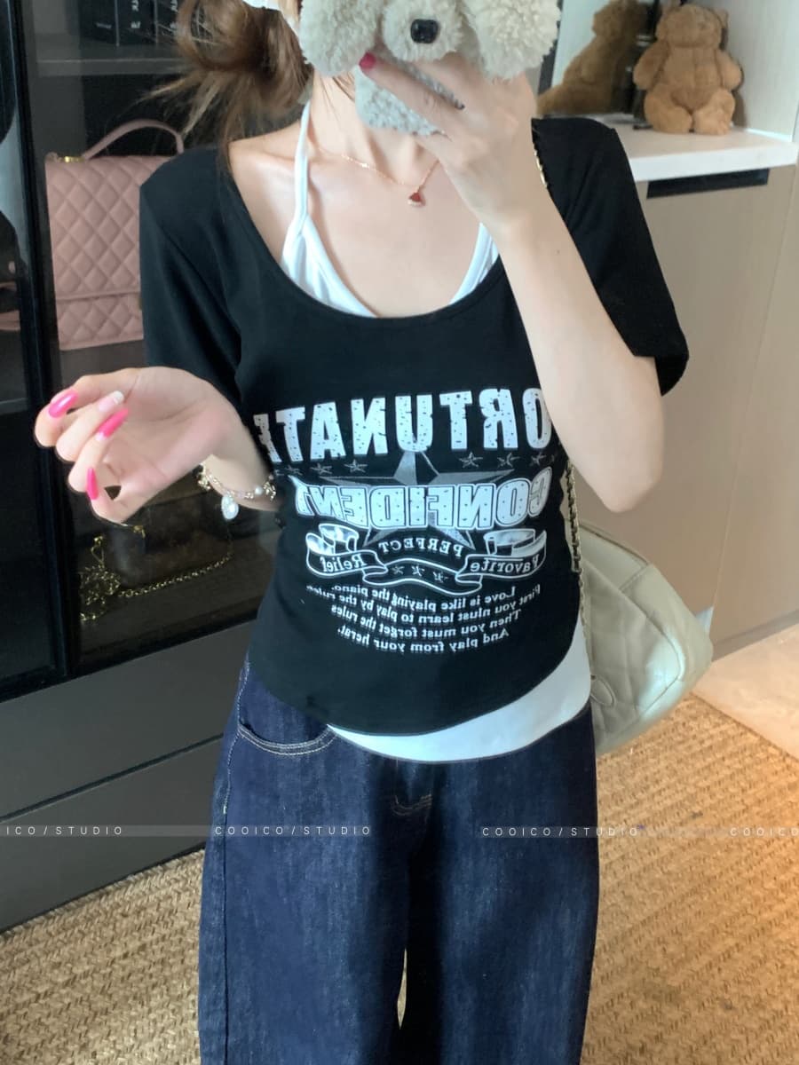 실사 핫걸 행침 목 페이크 레이어드 반팔 티셔츠 여성 여름 새로운 작은 대중 디자인 센스 짧은 맨위 상세 이미지 11