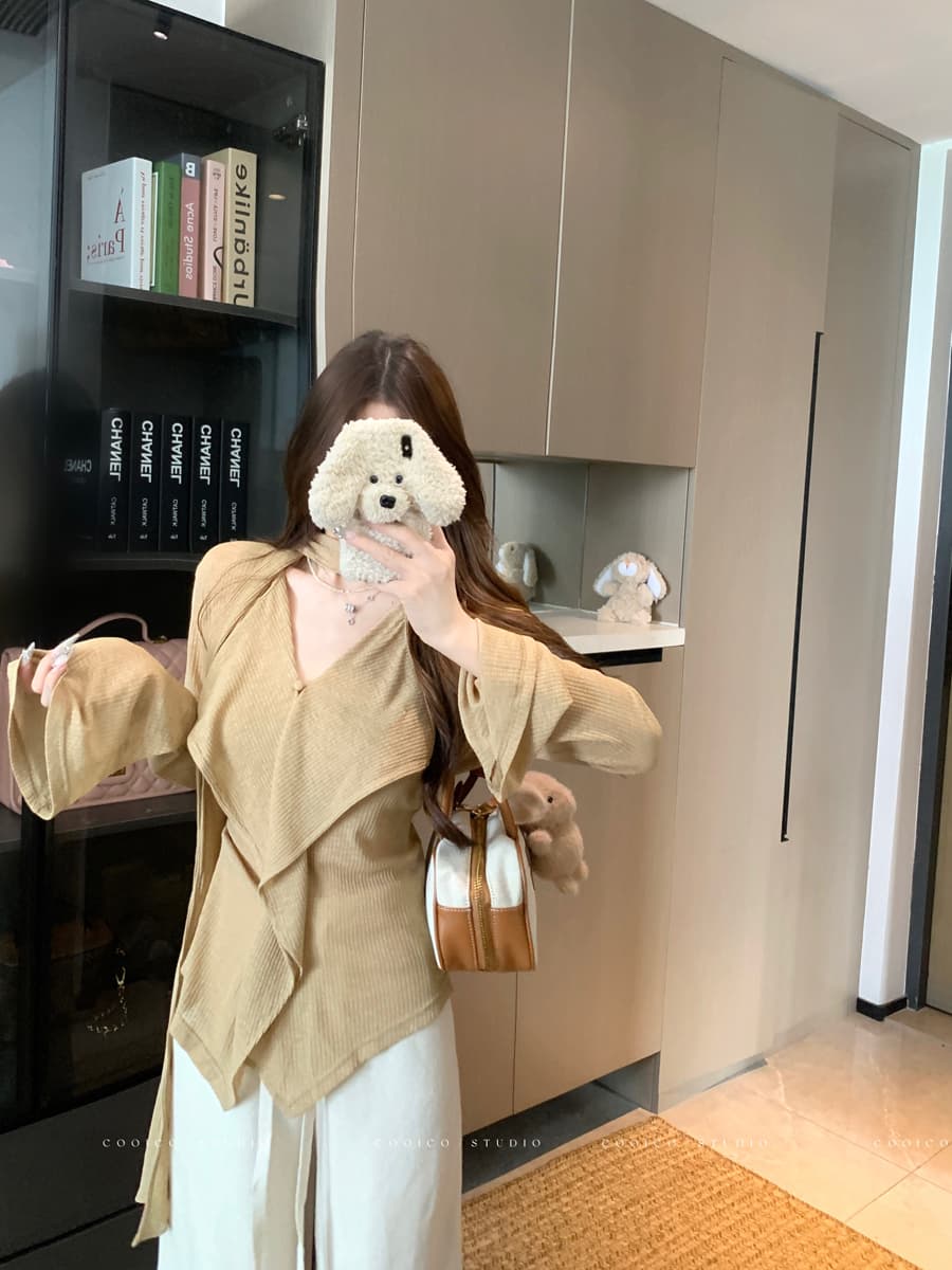 실사 봄 새로운 디자인 센스 리본 V넥 니트 스웨터 여성 미니멀리즘 다용도 느긋한 센스 맨위 상세 이미지 4