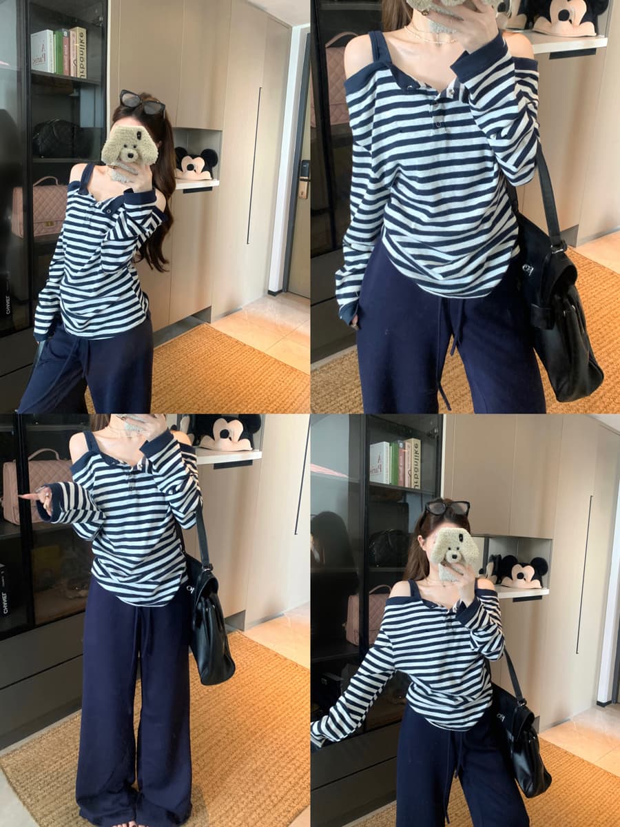 실사 봄 새로운 스트라이프 달콤한 매운맛 바람 오프숄더 긴팔 티셔츠 여성 페이크 레이어드 슬림해 보이는 캐주얼 느긋한 맨위 상세 이미지 4