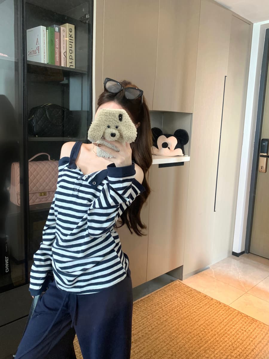 실사 봄 새로운 스트라이프 달콤한 매운맛 바람 오프숄더 긴팔 티셔츠 여성 페이크 레이어드 슬림해 보이는 캐주얼 느긋한 맨위 상세 이미지 7