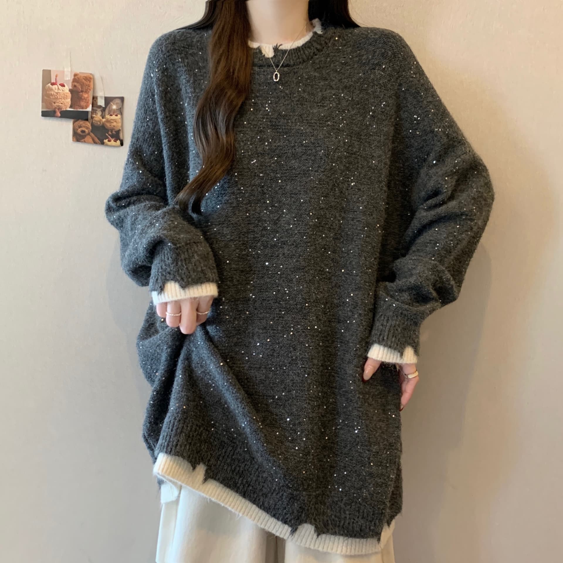 빅 사이즈 지방 mm 가을 겨울철 새로운 중간 길이 페이크 레이어드 루즈핏 라운드 넥 슬림해 보이는 표지 배 예쁜 스웨터 니트 스웨터 상세 이미지 4