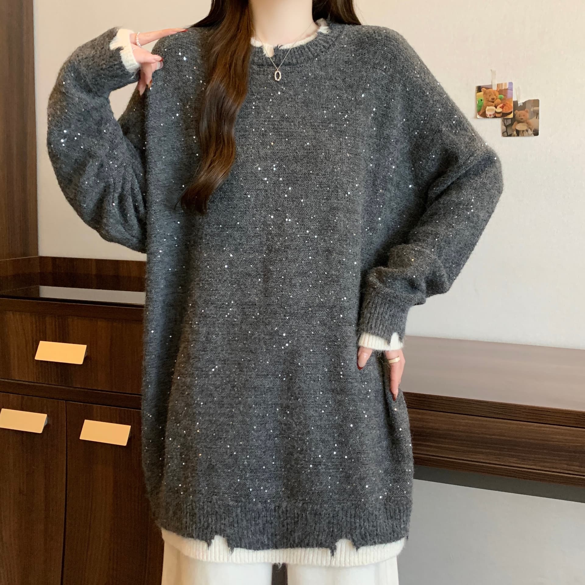 빅 사이즈 지방 mm 가을 겨울철 새로운 중간 길이 페이크 레이어드 루즈핏 라운드 넥 슬림해 보이는 표지 배 예쁜 스웨터 니트 스웨터 상세 이미지 7