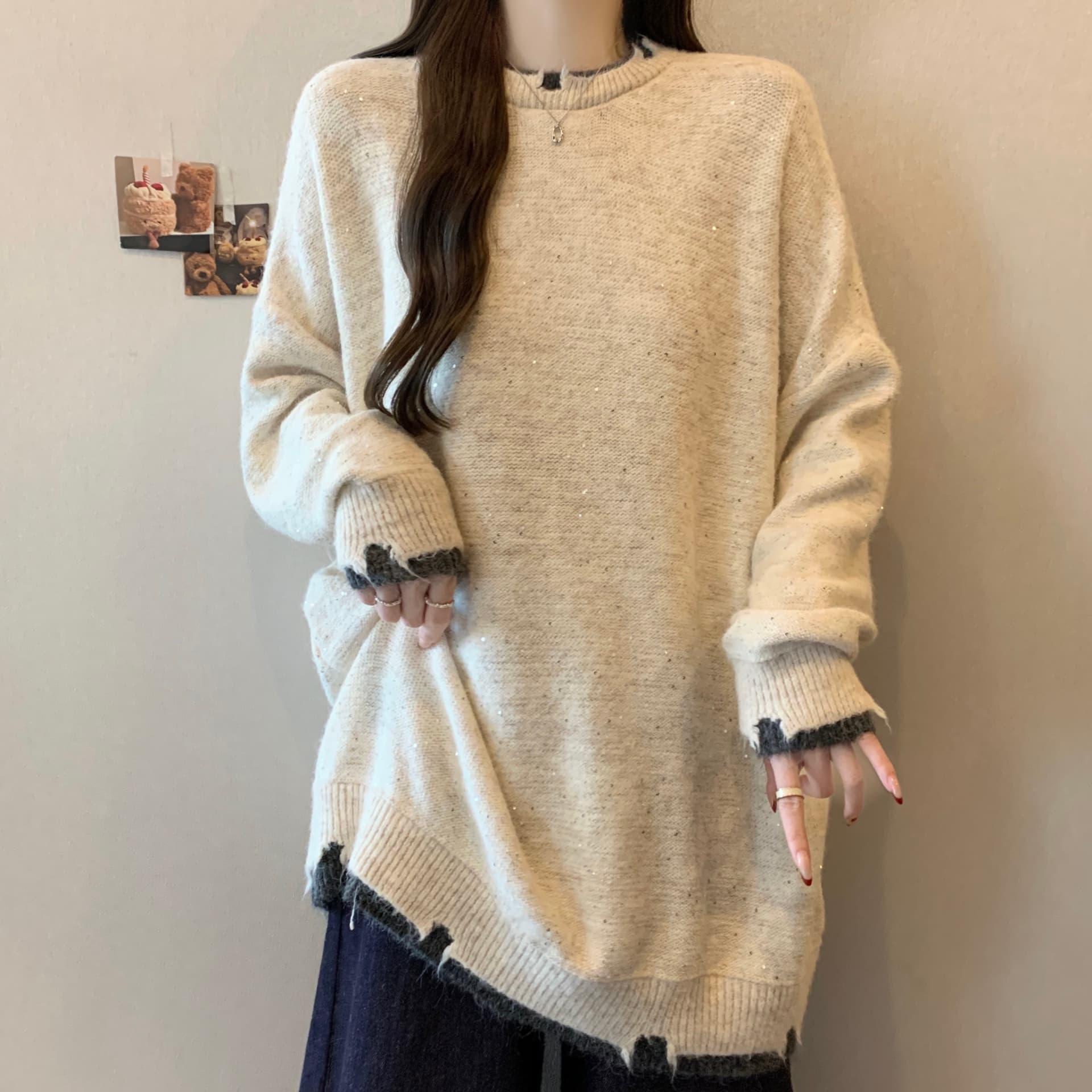 빅 사이즈 지방 mm 가을 겨울철 새로운 중간 길이 페이크 레이어드 루즈핏 라운드 넥 슬림해 보이는 표지 배 예쁜 스웨터 니트 스웨터 상세 이미지 15
