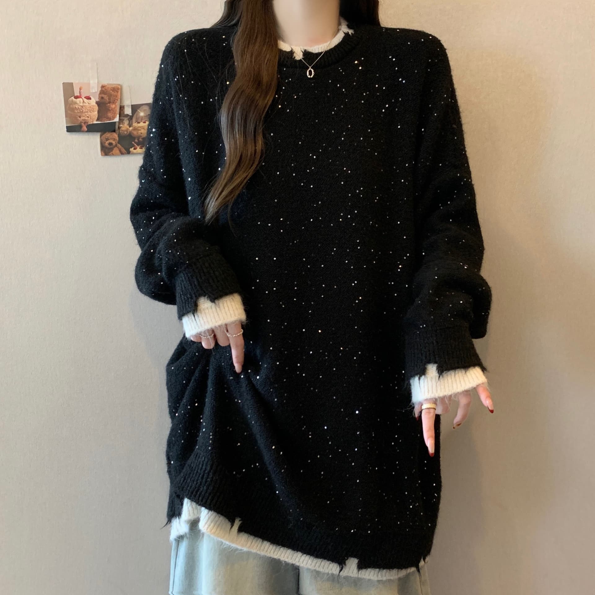 빅 사이즈 지방 mm 가을 겨울철 새로운 중간 길이 페이크 레이어드 루즈핏 라운드 넥 슬림해 보이는 표지 배 예쁜 스웨터 니트 스웨터 상세 이미지 23