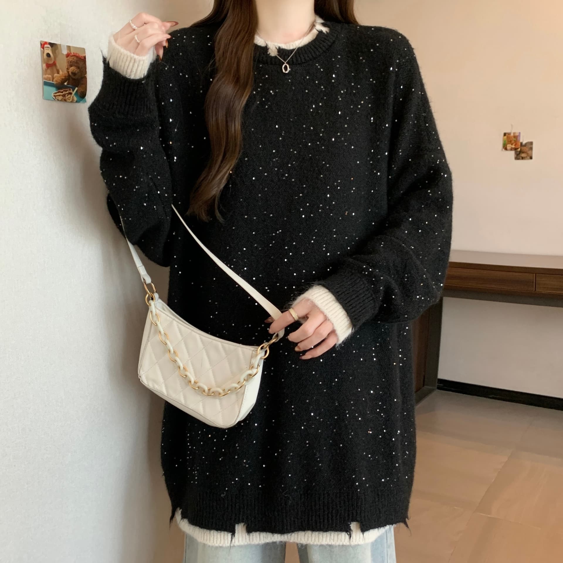 빅 사이즈 지방 mm 가을 겨울철 새로운 중간 길이 페이크 레이어드 루즈핏 라운드 넥 슬림해 보이는 표지 배 예쁜 스웨터 니트 스웨터 상세 이미지 28