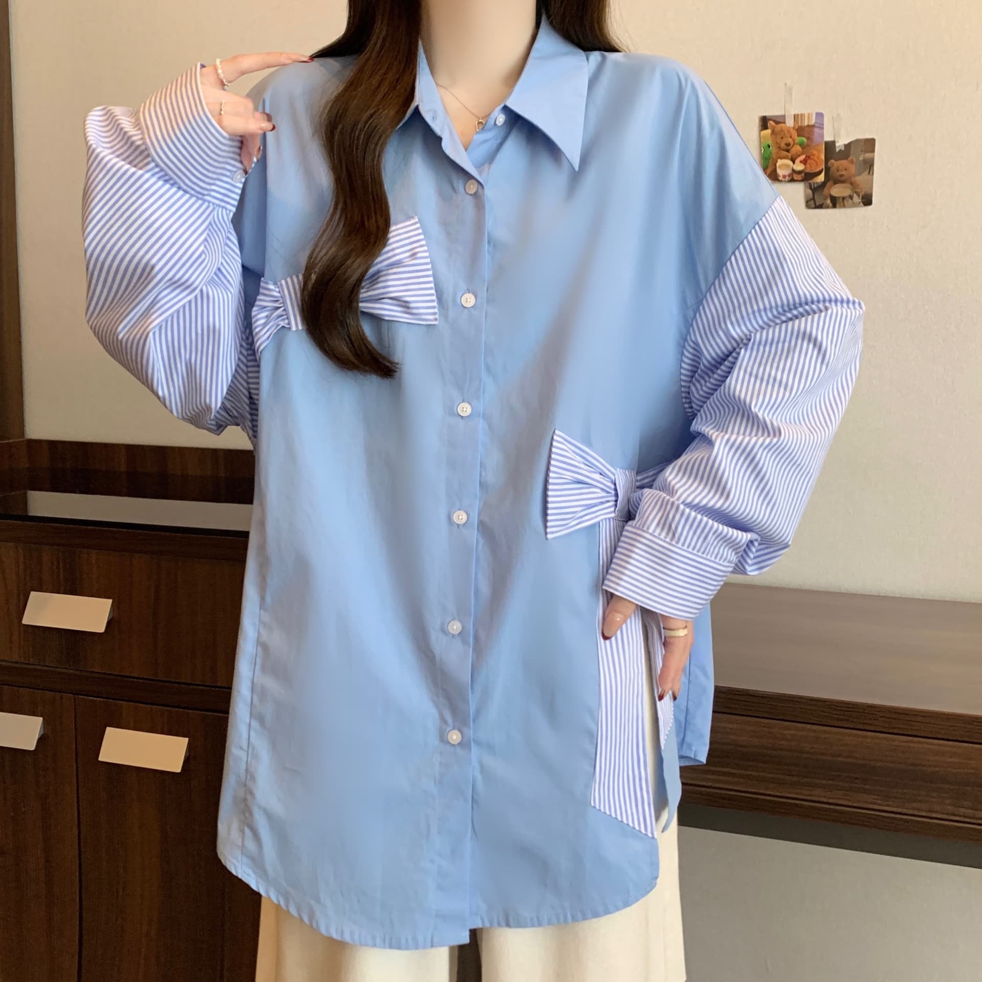 빅 사이즈 지방 mm 2026 년 봄 새로운 패치워크 디자인 스트라이프 긴팔 나비 매듭 오픈 가디건 셔츠 여성 상세 이미지 7