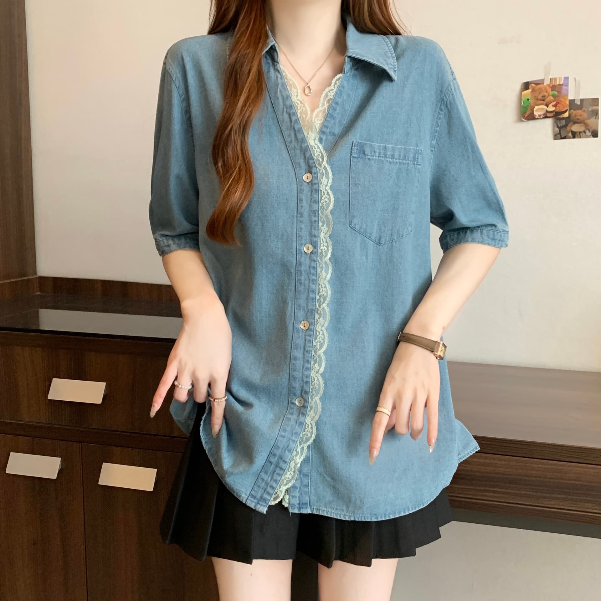 빅 사이즈 지방 mm 여름 새로운 디자인 센스 패치워크 레이스 레이스 캐주얼 셔츠 표지 배 슬림해 보이는 맨위 상세 이미지 5