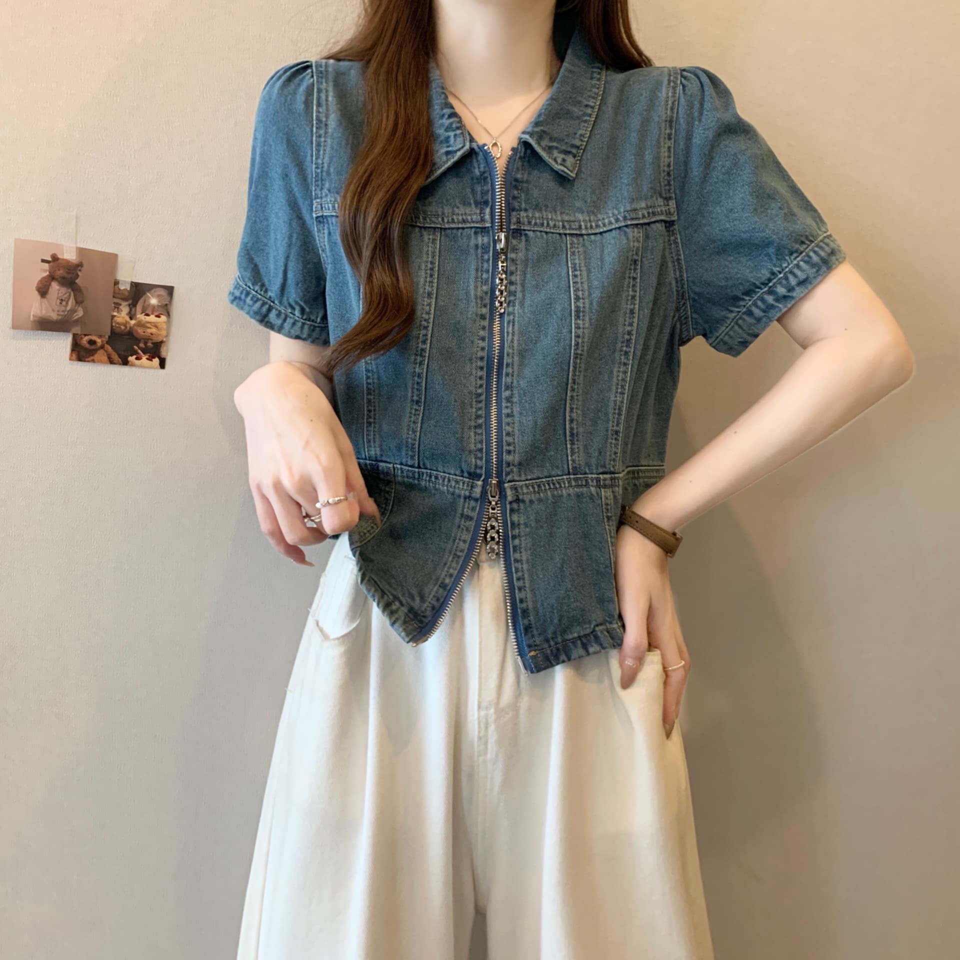빅 사이즈 지방 mm 여름 새로운 핫걸 데님 맨위 여성 더블 지퍼 폴로 칼라 반팔 상세 이미지 1