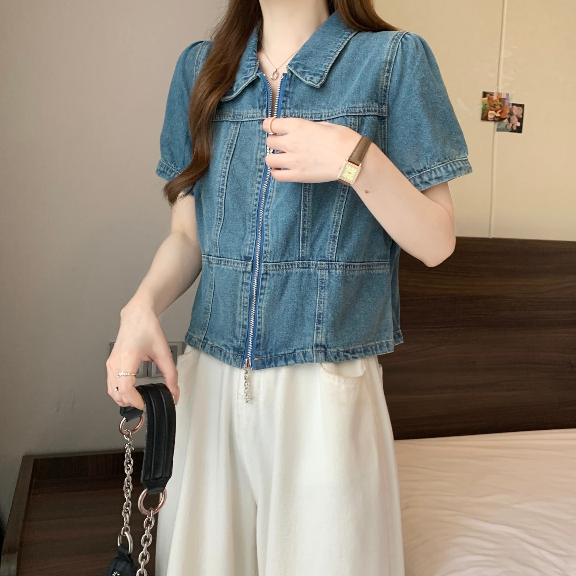 빅 사이즈 지방 mm 여름 새로운 핫걸 데님 맨위 여성 더블 지퍼 폴로 칼라 반팔 상세 이미지 11
