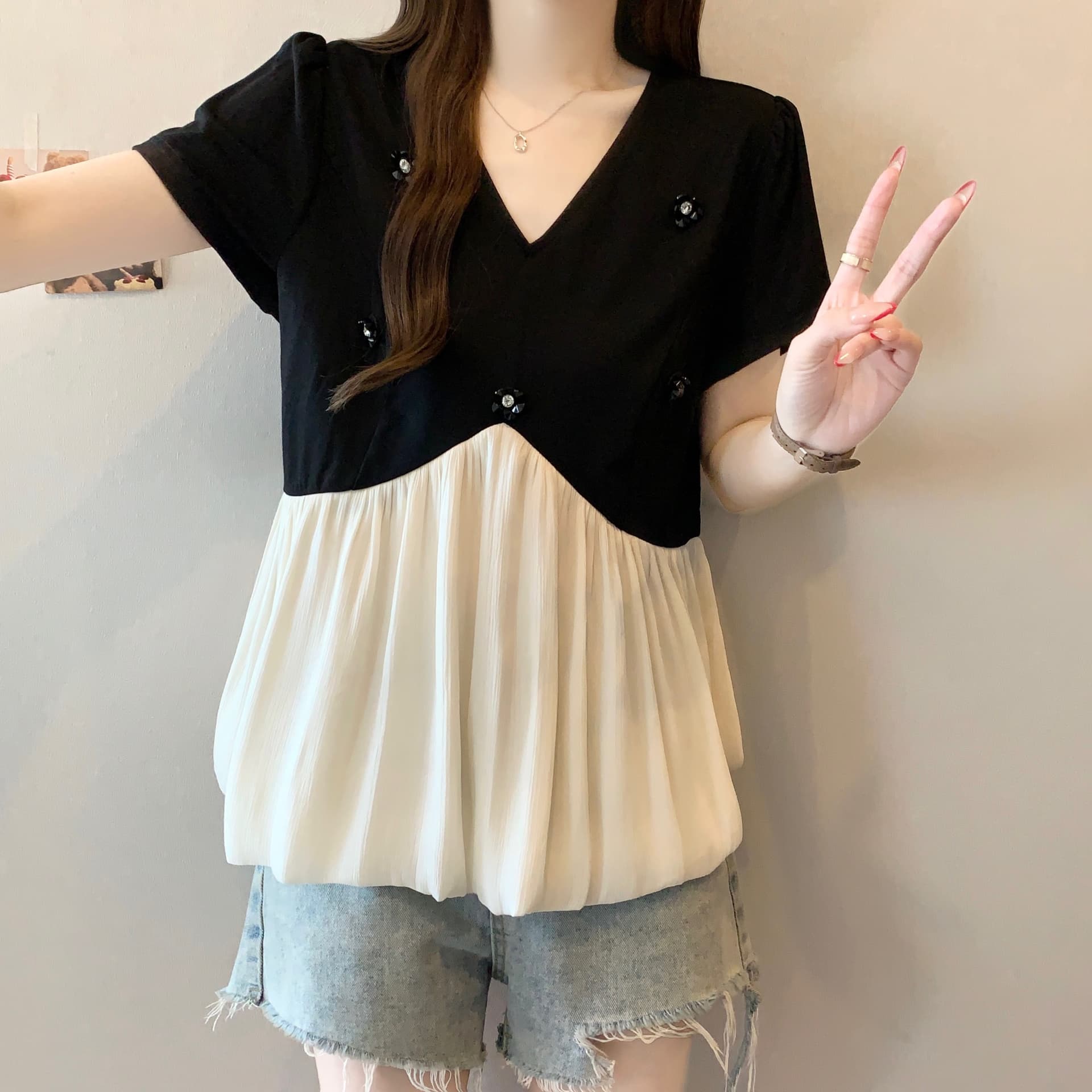 빅 사이즈 지방 mm 여름 새로운 비즈 박기 패치워크 페이크 레이어드 루즈핏 패션 표지 배 맨위 여성 상세 이미지 4