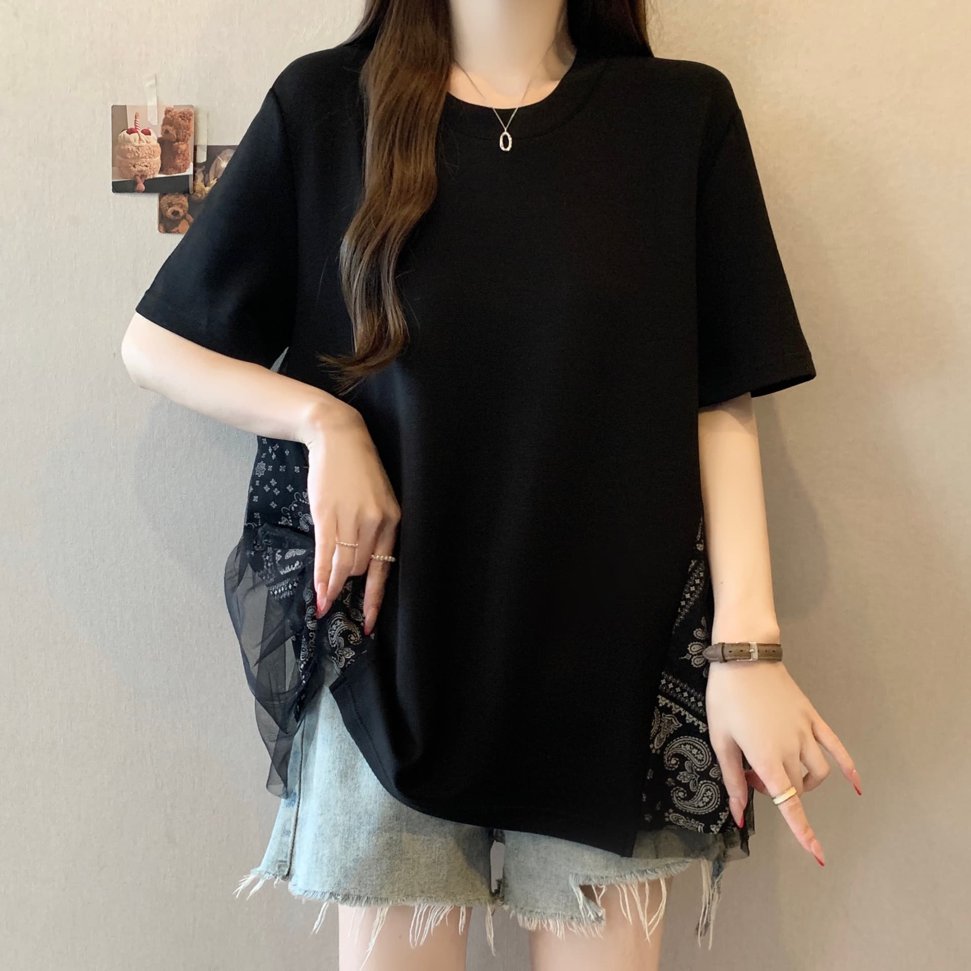 빅 사이즈 지방 mm 여름 새로운 검정색 미니멀리즘 다용도 라운드 넥 긍정적 인 어깨 반팔 페이크 레이어드 티셔츠 상세 이미지 3