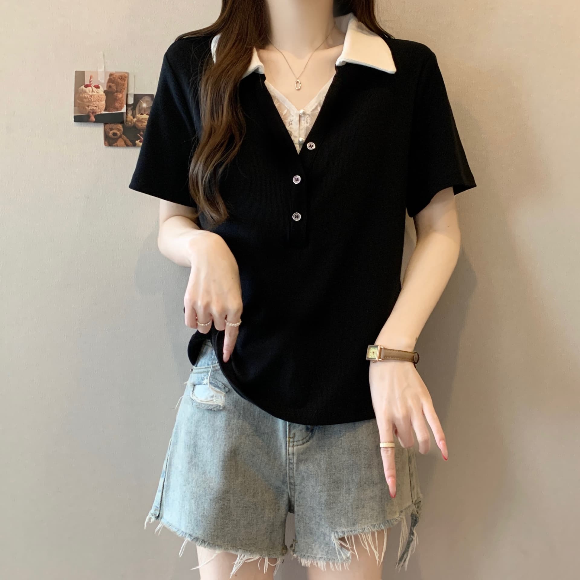 빅 사이즈 지방 mm 여름 새로운 배색 레이스 조각 POLO 칼라 반팔 표지 배 슬림해 보이는 티셔츠 상세 이미지 8