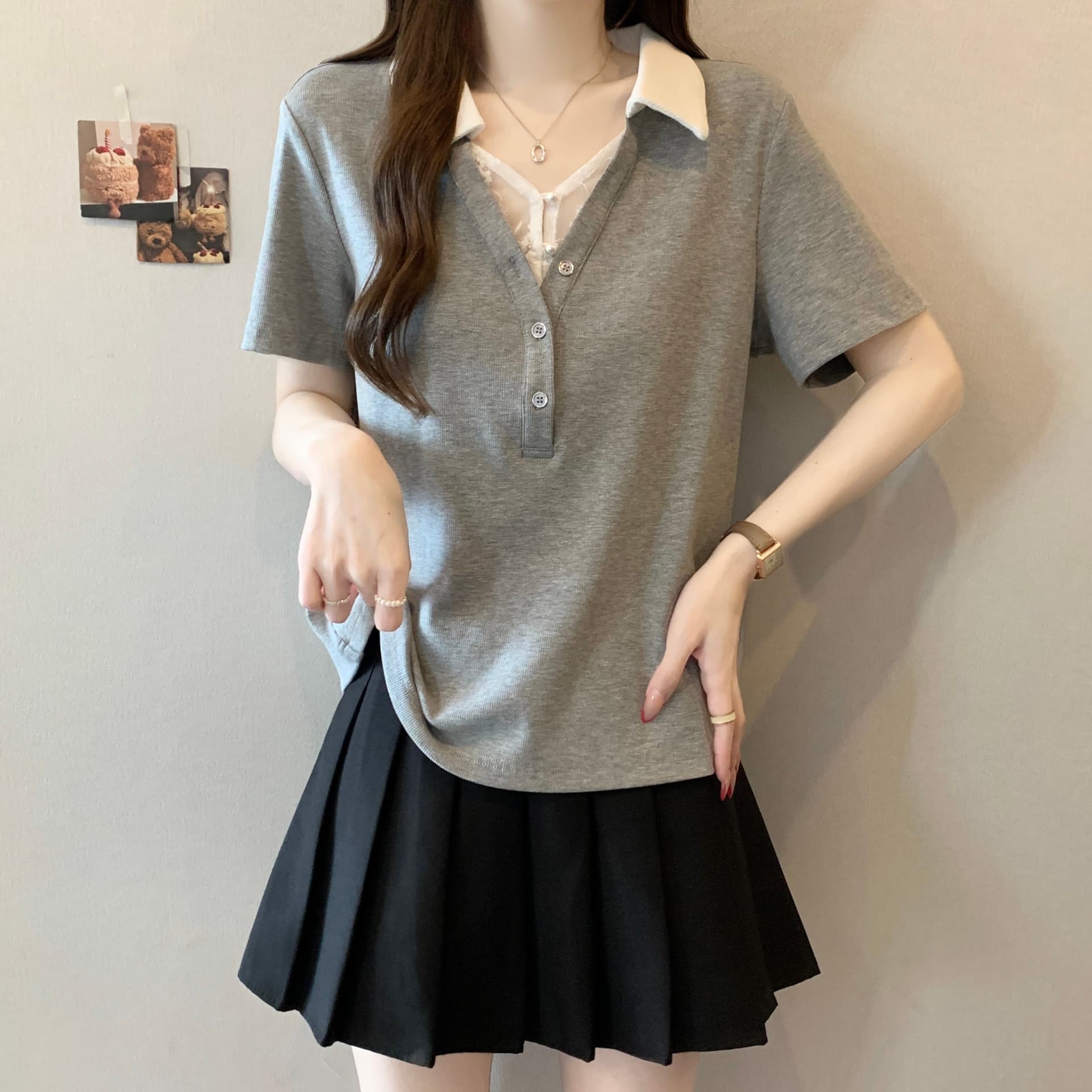 빅 사이즈 지방 mm 여름 새로운 배색 레이스 조각 POLO 칼라 반팔 표지 배 슬림해 보이는 티셔츠 상세 이미지 13