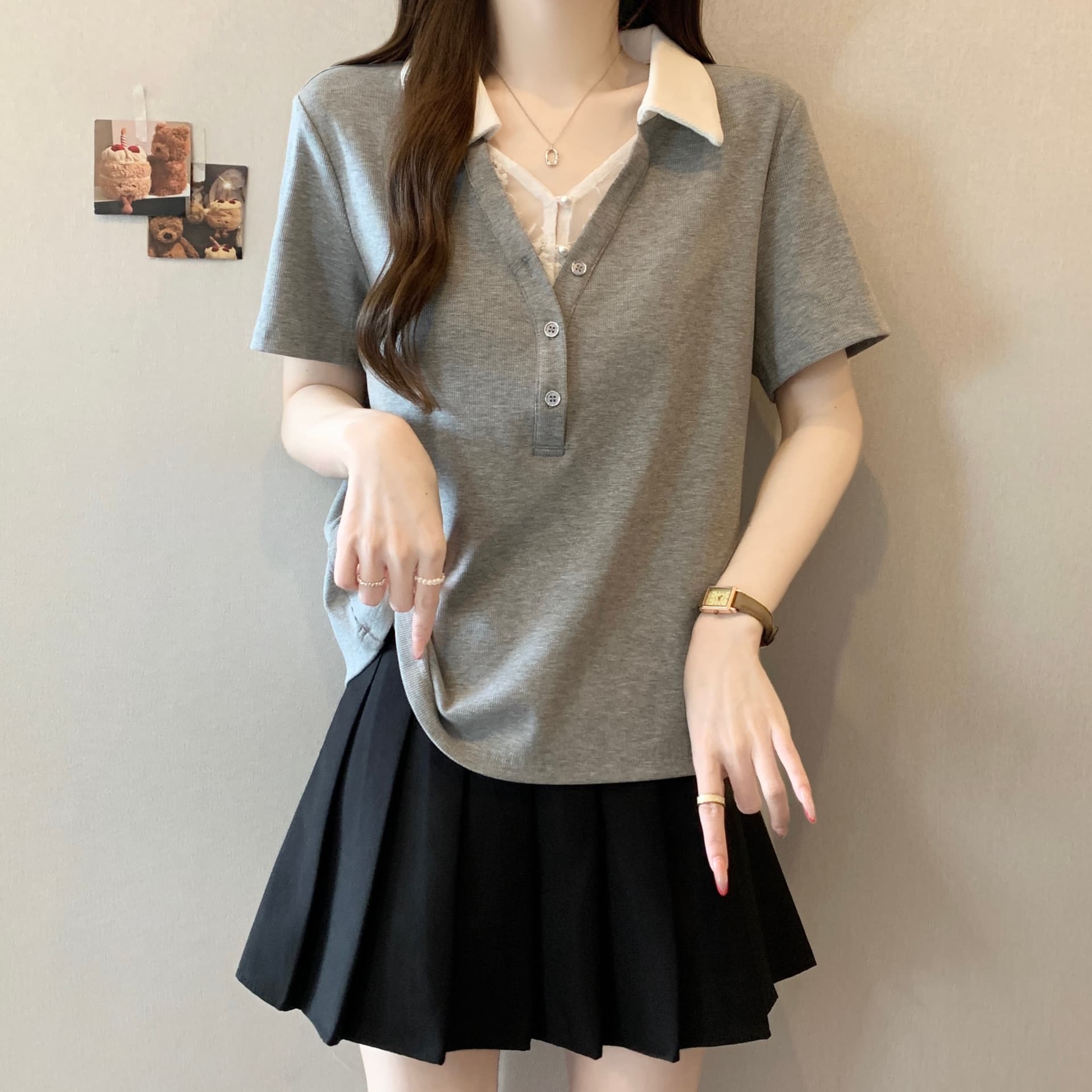 빅 사이즈 지방 mm 여름 새로운 배색 레이스 조각 POLO 칼라 반팔 표지 배 슬림해 보이는 티셔츠 상세 이미지 14