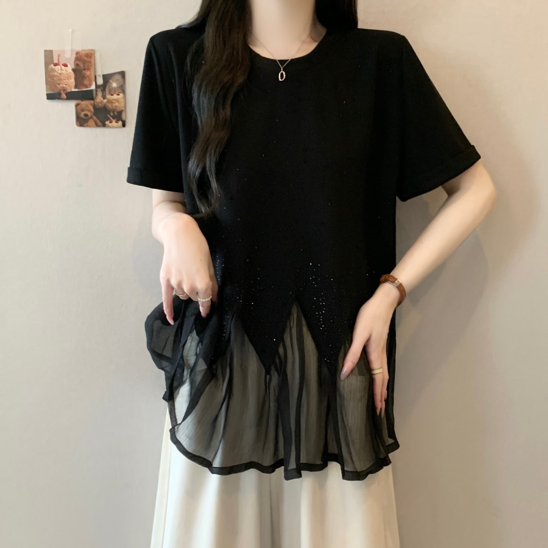 빅 사이즈 지방 mm 여름 새로운 무거운 작업 핫픽스 밑단 패치워크 부드러운 실 라운드 넥 반팔 맨위 티셔츠 여성 상세 이미지 4