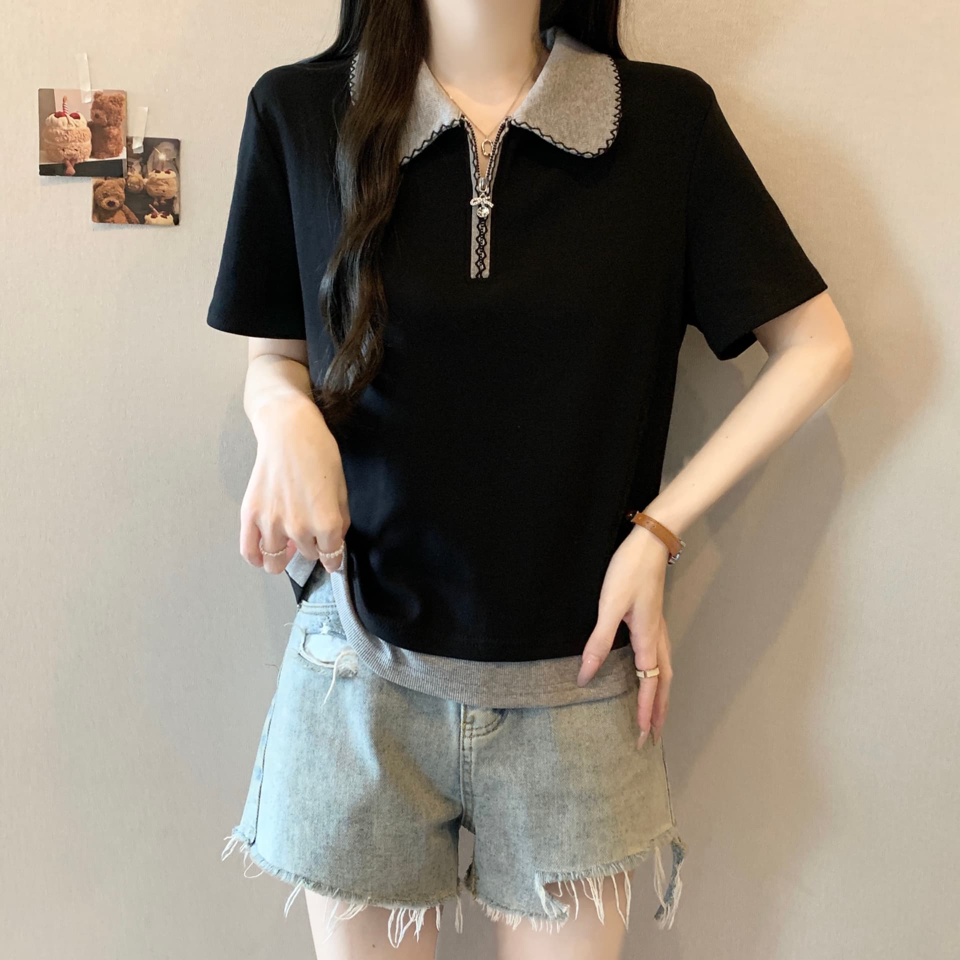 빅 사이즈 지방 mm 여름 새로운 페이크 레이어드 POLO 칼라 하프 지퍼 루즈핏 긍정적 인 어깨 표지 배 슬림해 보이는 맨위 티셔츠 상세 이미지 1