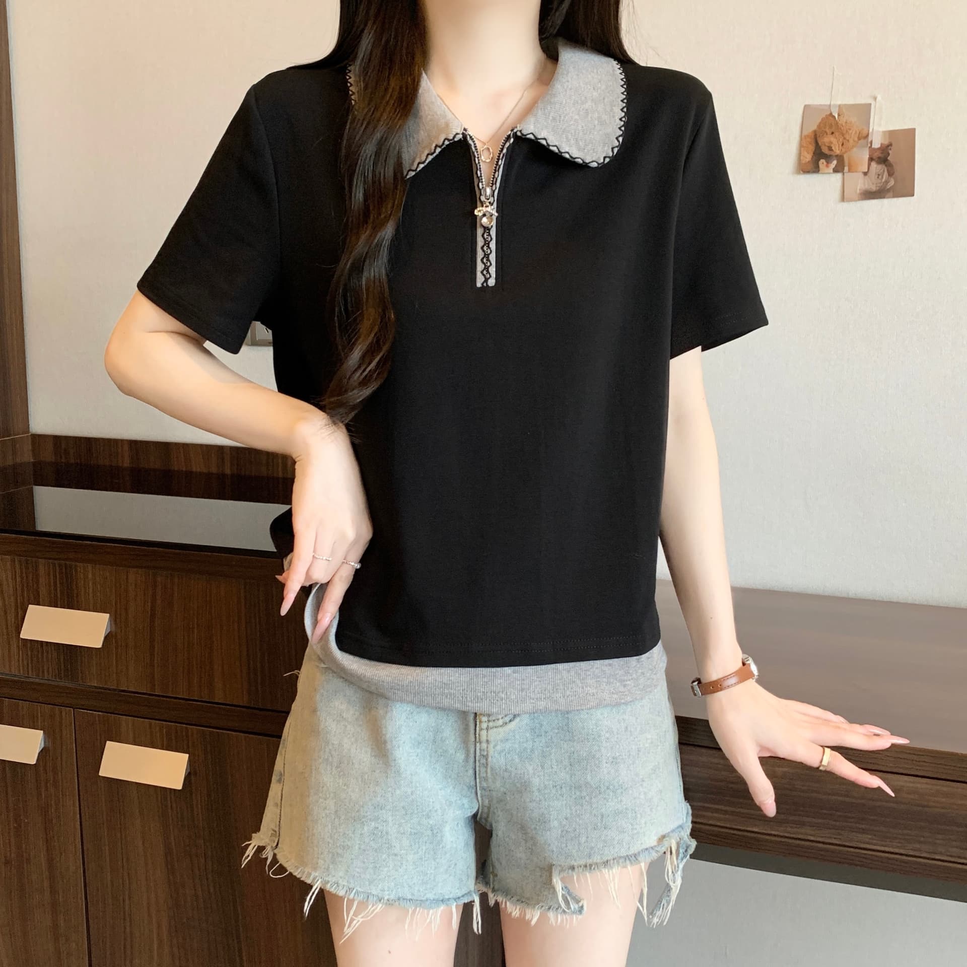 빅 사이즈 지방 mm 여름 새로운 페이크 레이어드 POLO 칼라 하프 지퍼 루즈핏 긍정적 인 어깨 표지 배 슬림해 보이는 맨위 티셔츠 상세 이미지 7