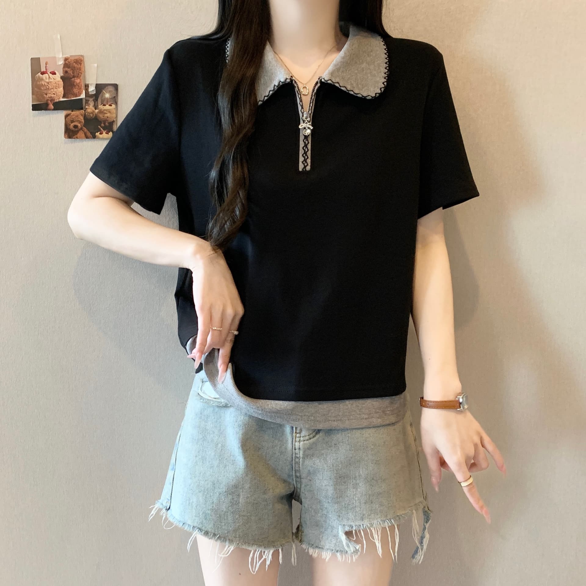 빅 사이즈 지방 mm 여름 새로운 페이크 레이어드 POLO 칼라 하프 지퍼 루즈핏 긍정적 인 어깨 표지 배 슬림해 보이는 맨위 티셔츠 상세 이미지 11