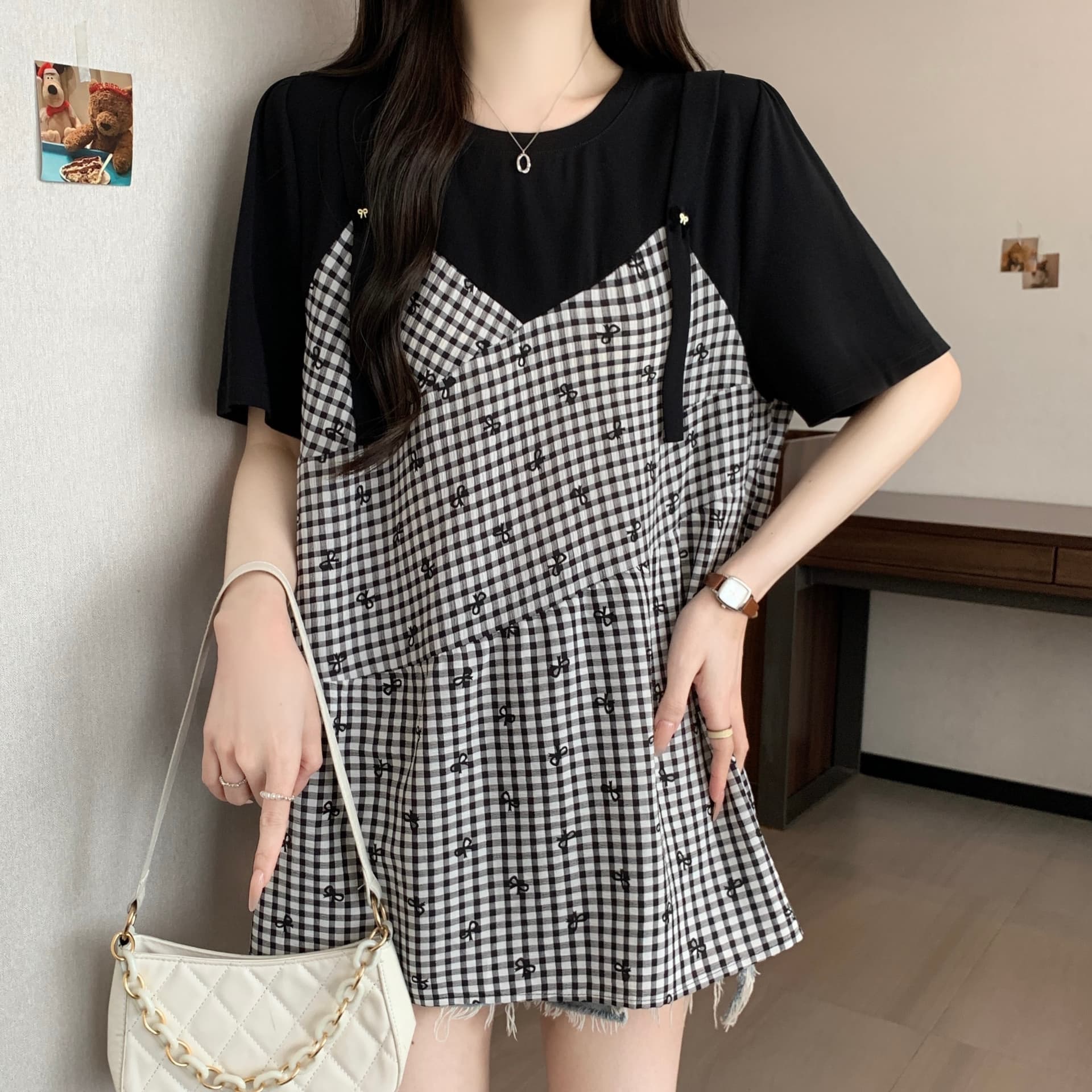 빅 사이즈 지방 mm 여름 새로운 캐주얼 체크무늬 반팔 티셔츠 페이크 레이어드 캐주얼 다용도 표지 배 맨위 상세 이미지 9