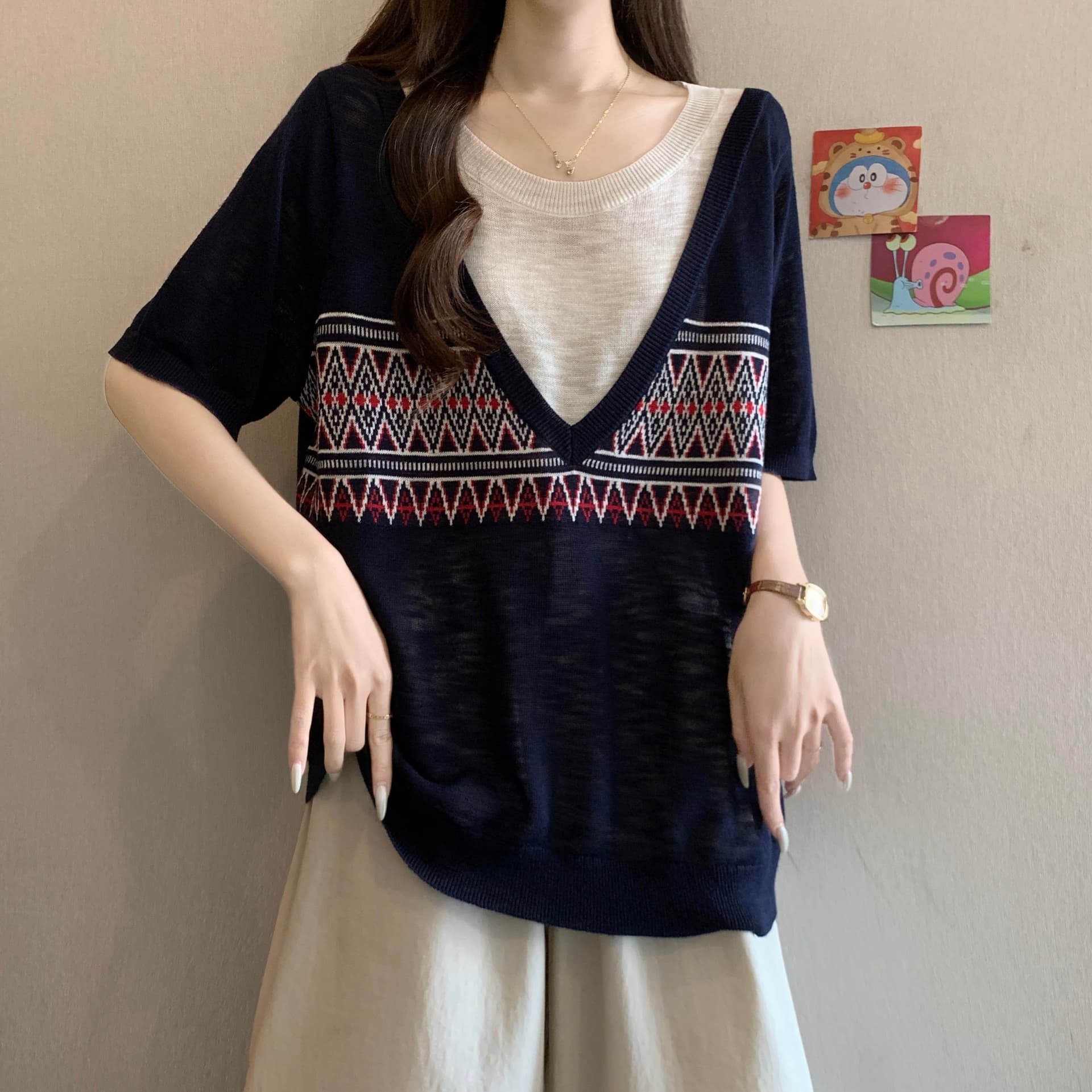 빅 사이즈 지방 mm 여름 새로운 배색 니트 작은 셔츠 페이크 레이어드 캐주얼 루즈핏 반팔 티셔츠 이미지 5