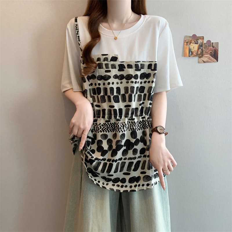 빅 사이즈 지방 mm 여름 새로운 슬림해 보이는 불규칙 패치워크 펌프 로프 표지 배 슬림해 보이는 페이크 레이어드 티셔츠 맨위 이미지 3