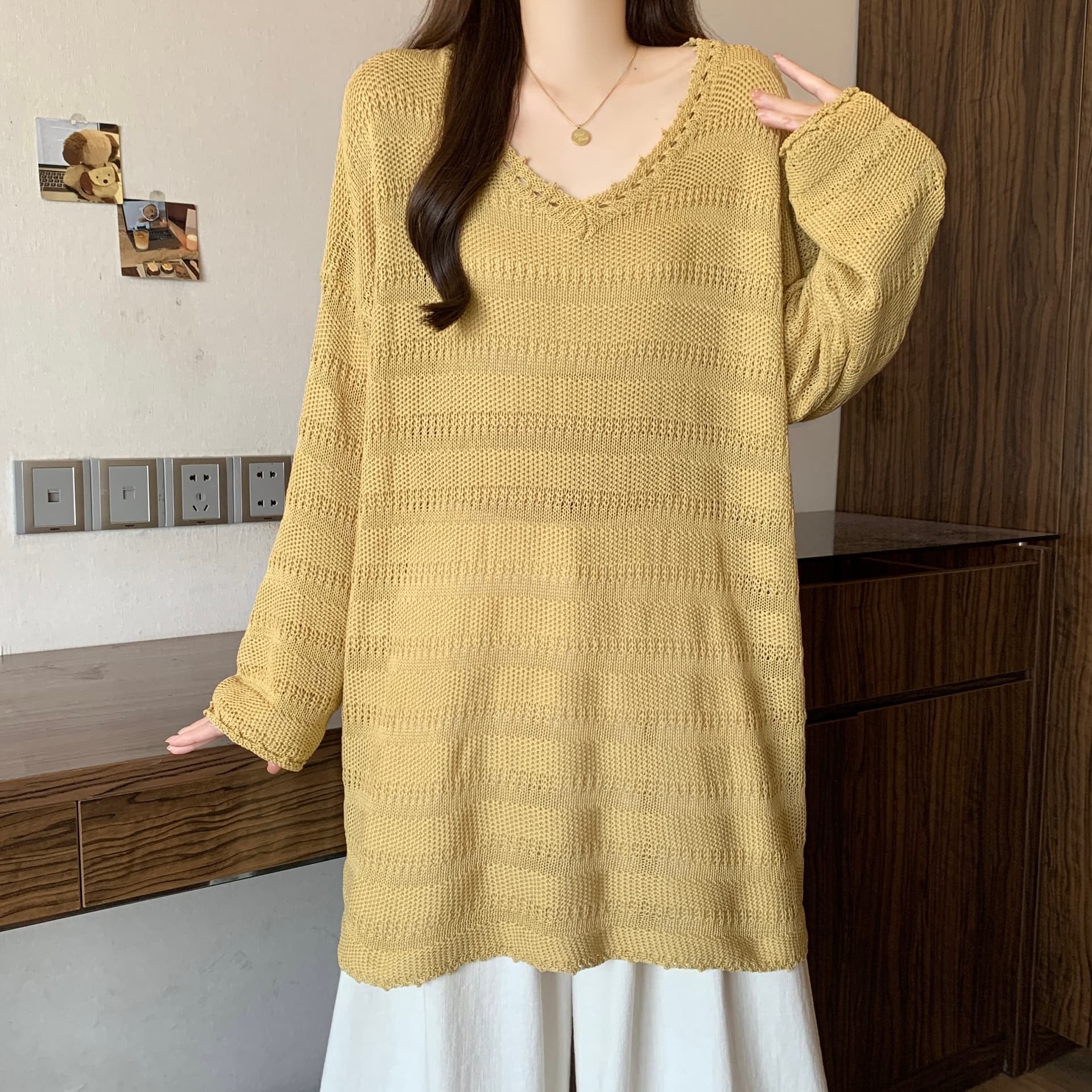 빅 사이즈 지방 mm 겨울 새로운 느긋한 바람 홀로우 아웃 니트 스웨터 스웨터 V넥 루즈핏 슬림해 보이는 맨위 상세 이미지 23