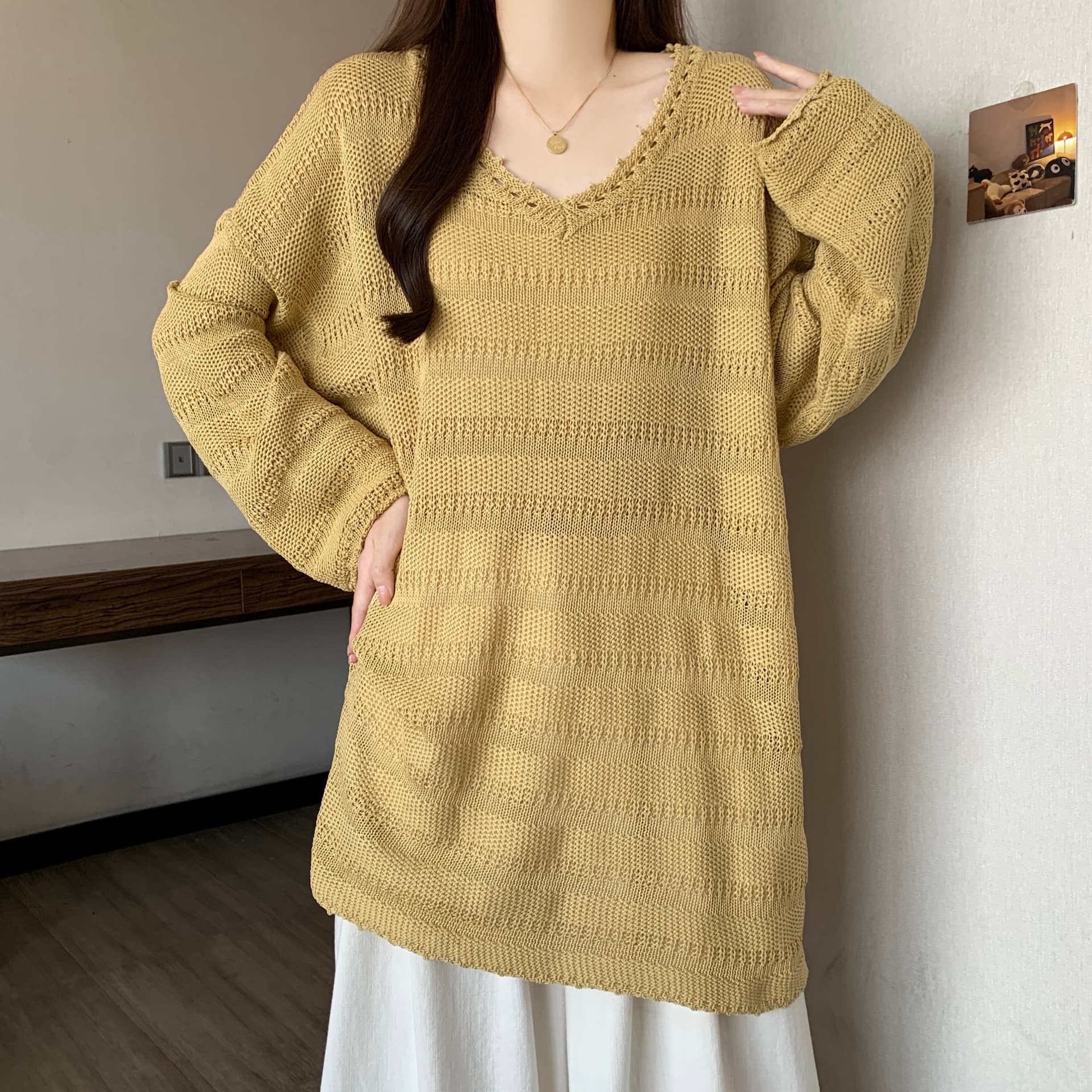 빅 사이즈 지방 mm 겨울 새로운 느긋한 바람 홀로우 아웃 니트 스웨터 스웨터 V넥 루즈핏 슬림해 보이는 맨위 상세 이미지 26