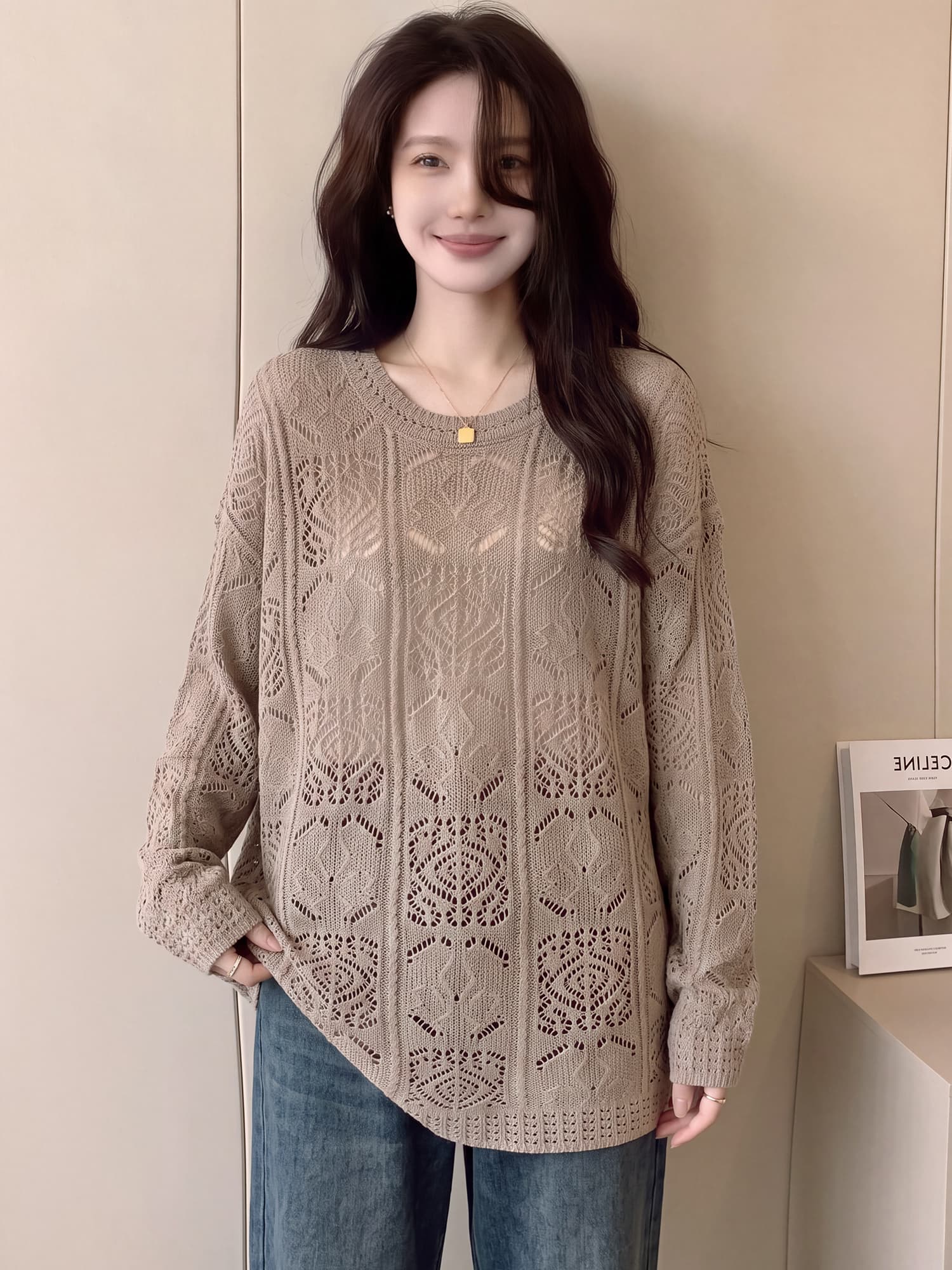 빅 사이즈 지방 mm 가을 새로운 느긋한 바람 홀로우 아웃 긴팔 니트 스웨터 여성 루즈핏 슬림해 보이는 디자인 센스 맨위 이미지 2