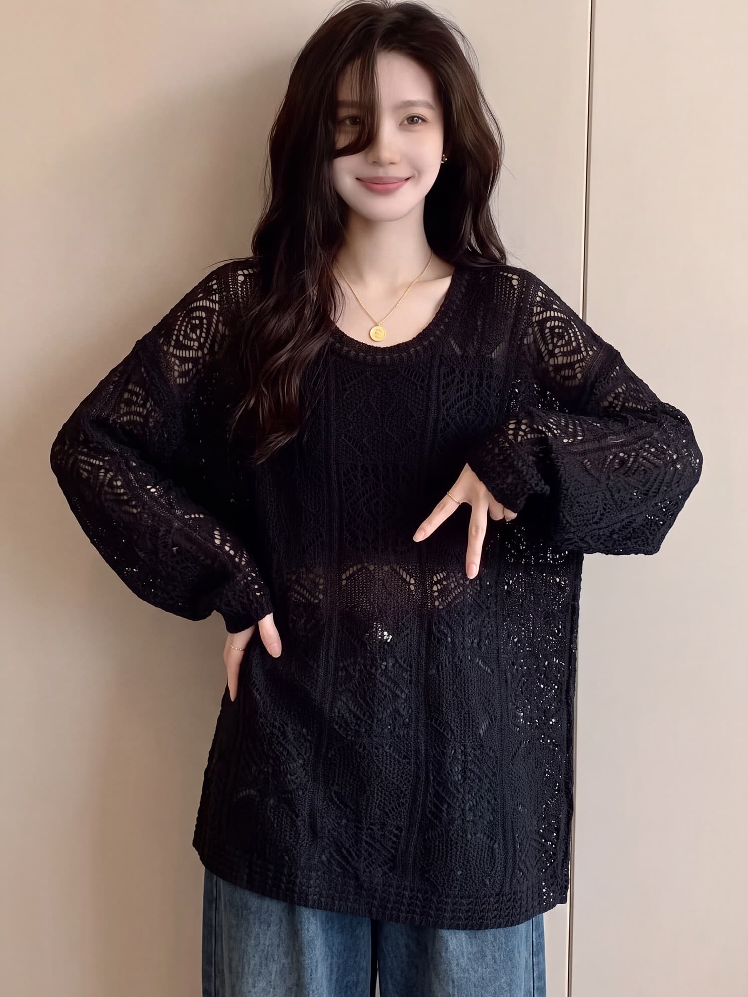 빅 사이즈 지방 mm 가을 새로운 느긋한 바람 홀로우 아웃 긴팔 니트 스웨터 여성 루즈핏 슬림해 보이는 디자인 센스 맨위 이미지 3