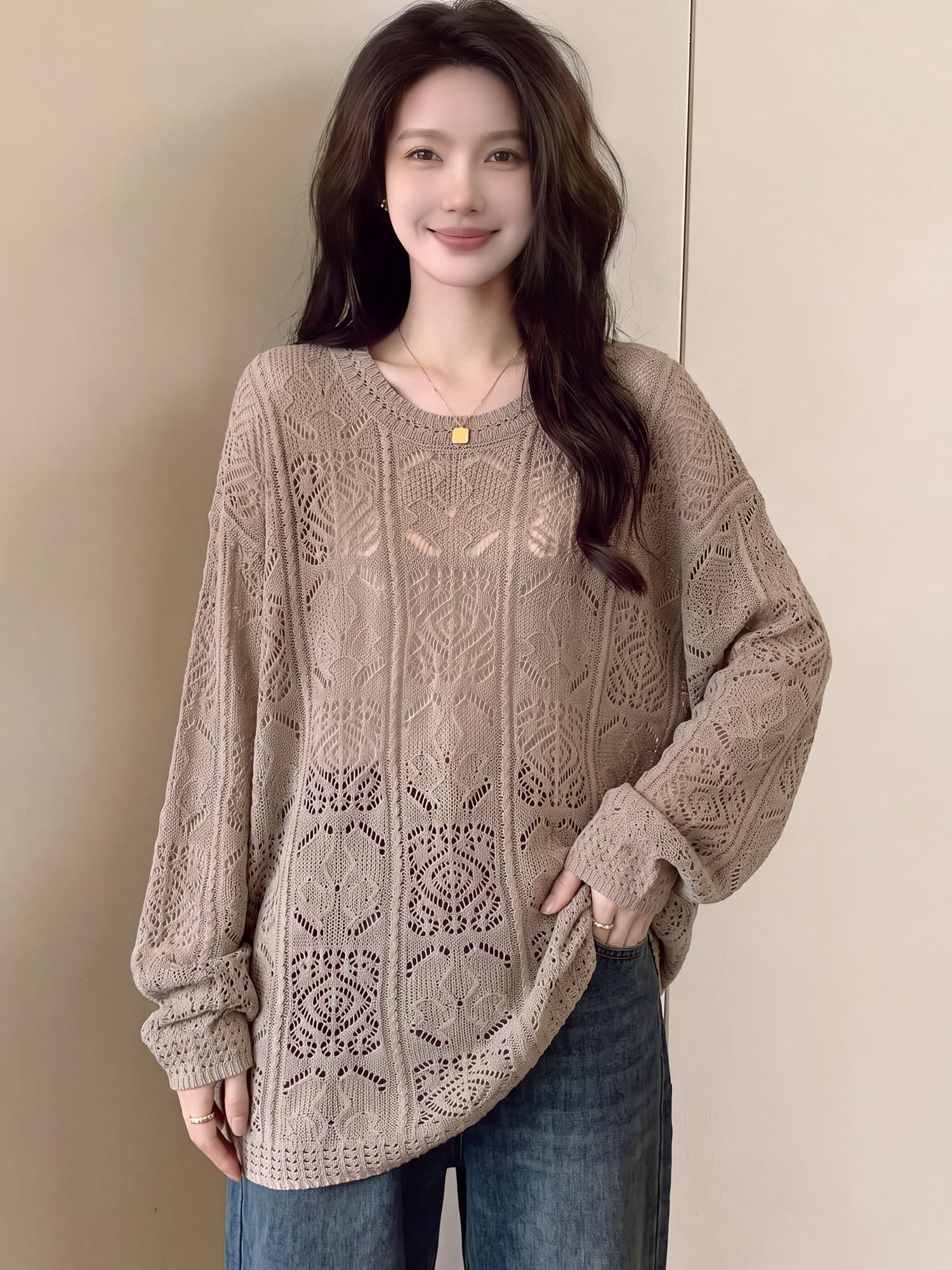 빅 사이즈 지방 mm 가을 새로운 느긋한 바람 홀로우 아웃 긴팔 니트 스웨터 여성 루즈핏 슬림해 보이는 디자인 센스 맨위 이미지 4