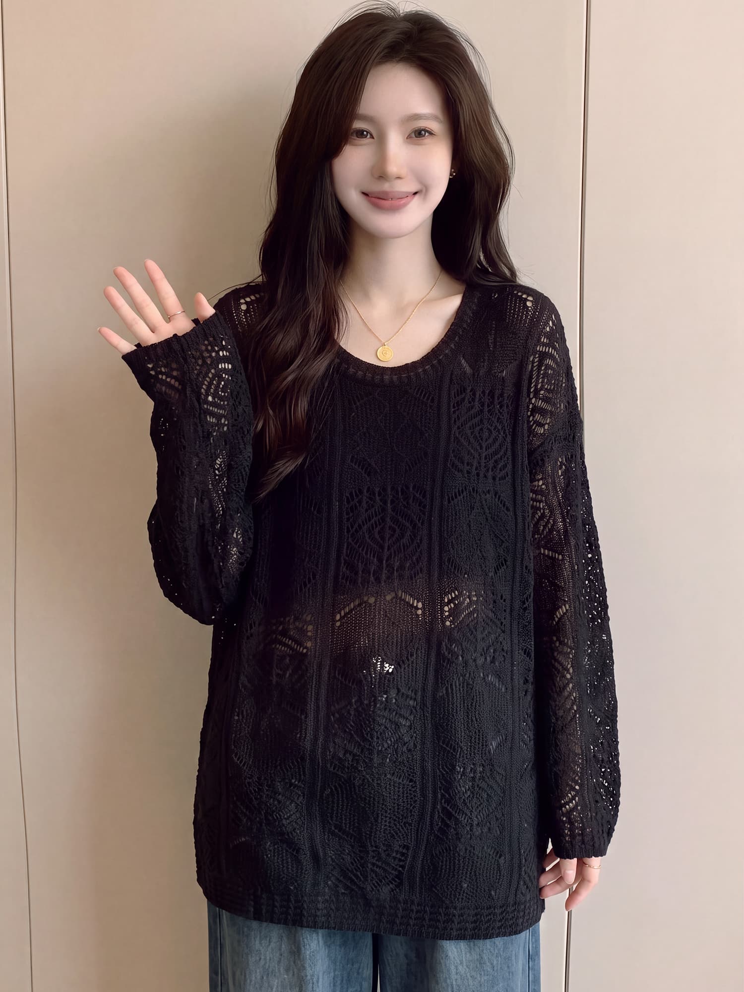 빅 사이즈 지방 mm 가을 새로운 느긋한 바람 홀로우 아웃 긴팔 니트 스웨터 여성 루즈핏 슬림해 보이는 디자인 센스 맨위 상세 이미지 3