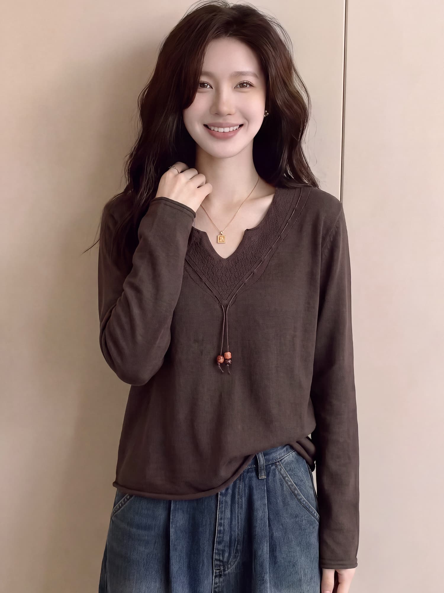 빅 사이즈 지방 mm 가을 새로운 V넥 비즈 루즈핏 슬림해 보이는 니트 스웨터 스웨터 여자 상세 이미지 11