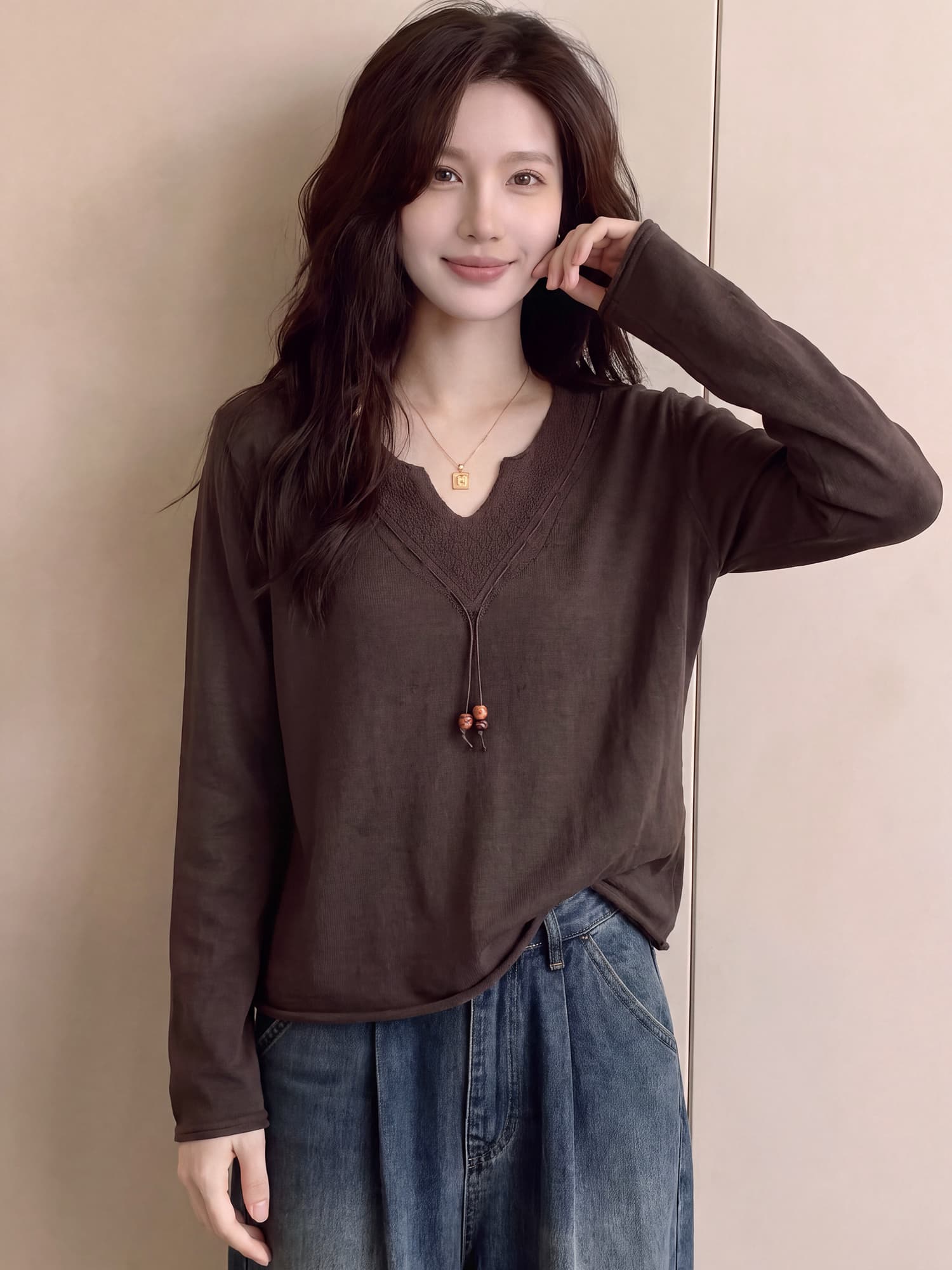 빅 사이즈 지방 mm 가을 새로운 V넥 비즈 루즈핏 슬림해 보이는 니트 스웨터 스웨터 여자 상세 이미지 12