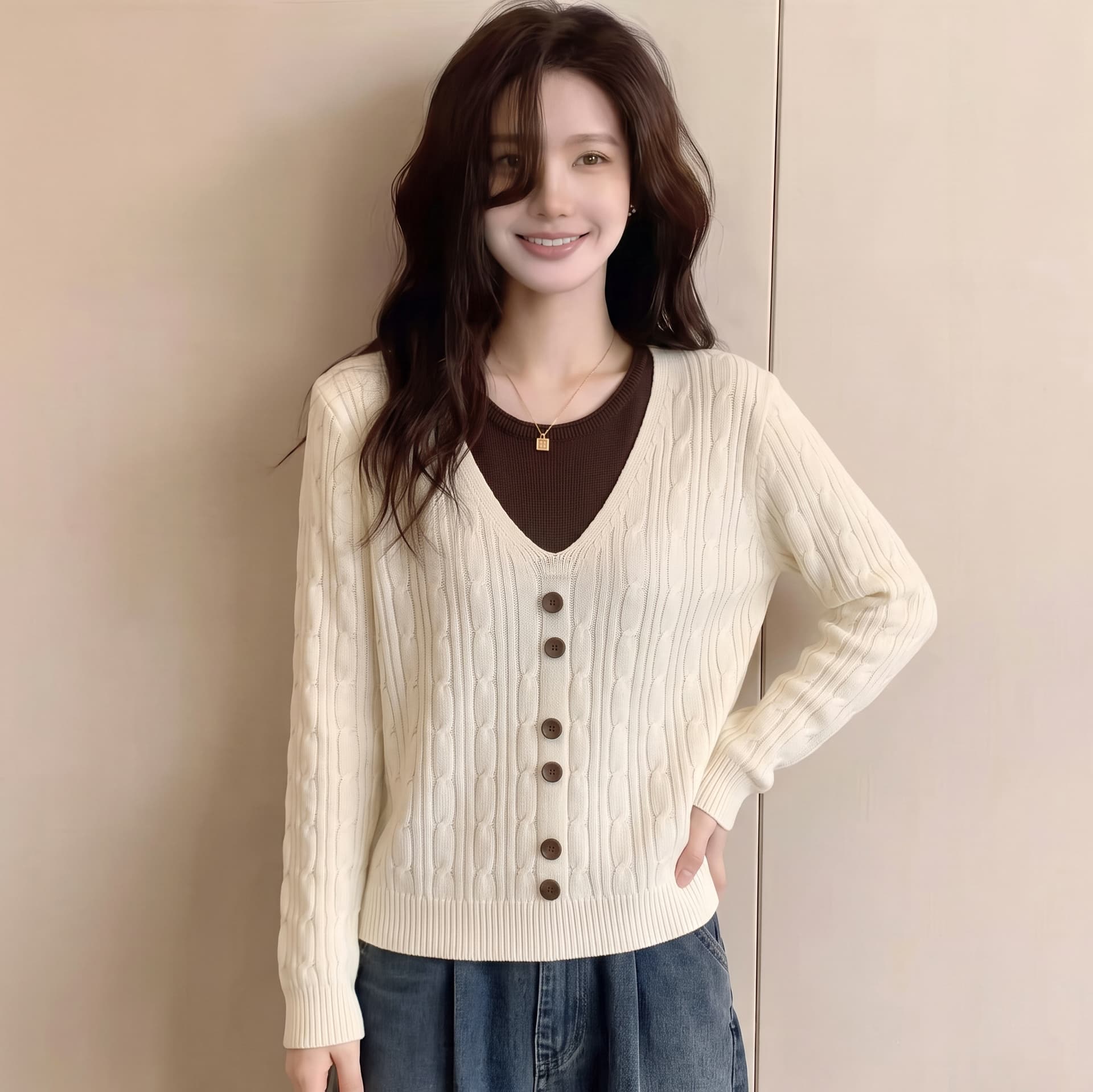 빅 사이즈 지방 mm 가을 새로운 페이크 레이어드 배색 긴팔 니트 스웨터 여성 레저 다용도 스웨터 작은 셔츠 맨위 상세 이미지 8