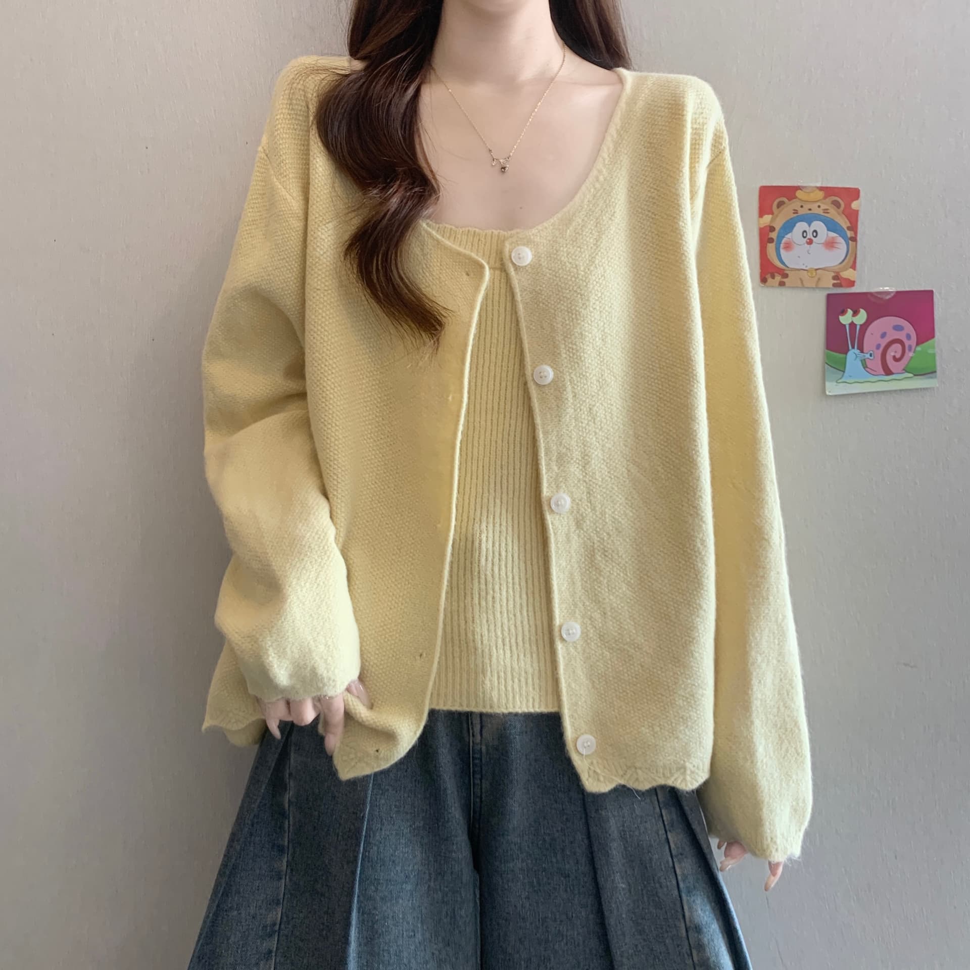 빅 사이즈 지방 mm 가을 새로운 작은 샤넬 스타일 니트 오픈 가디건 캐미솔 투피스 세트 루즈핏 슬림해 보이는 스웨터 이미지 3