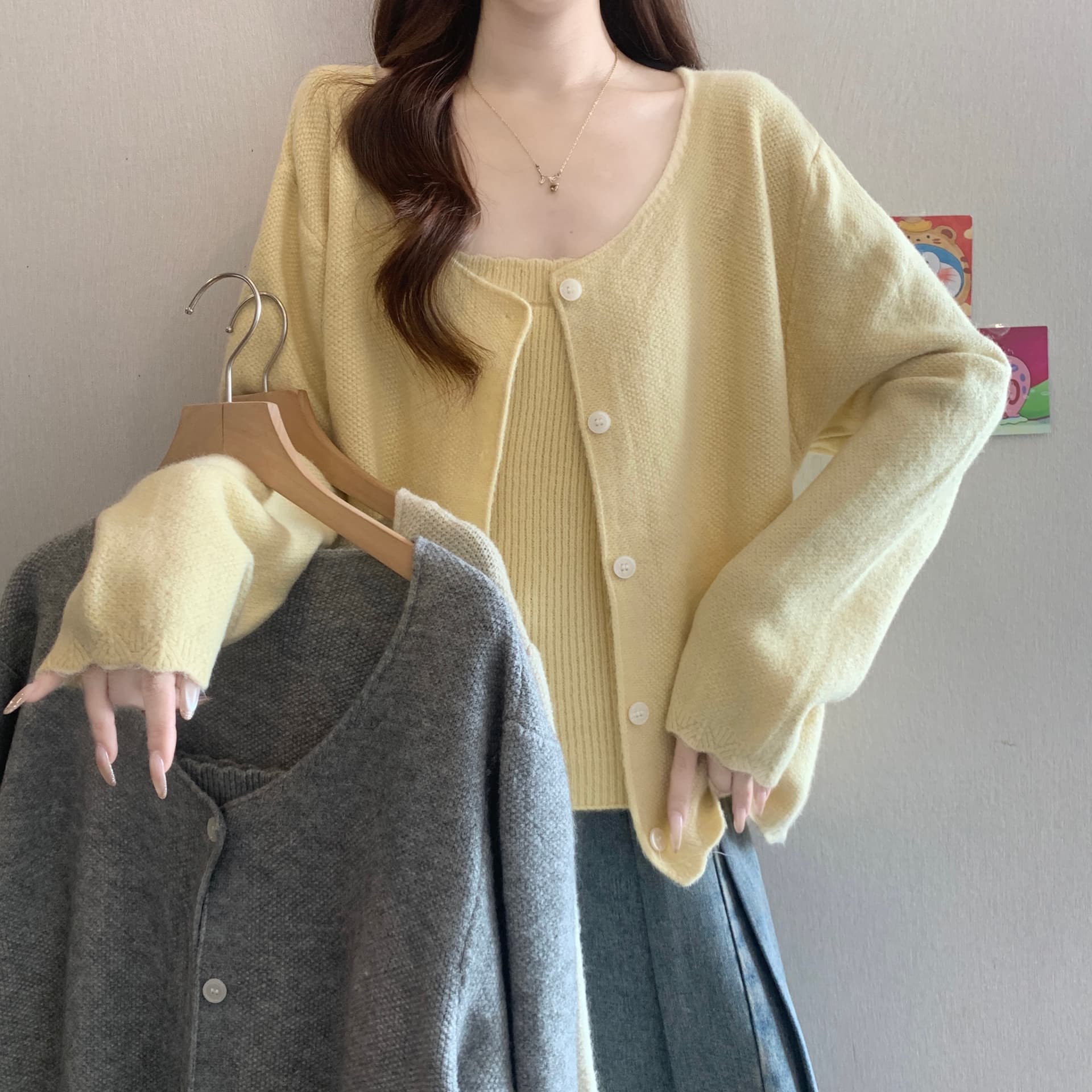 빅 사이즈 지방 mm 가을 새로운 작은 샤넬 스타일 니트 오픈 가디건 캐미솔 투피스 세트 루즈핏 슬림해 보이는 스웨터 상세 이미지 15