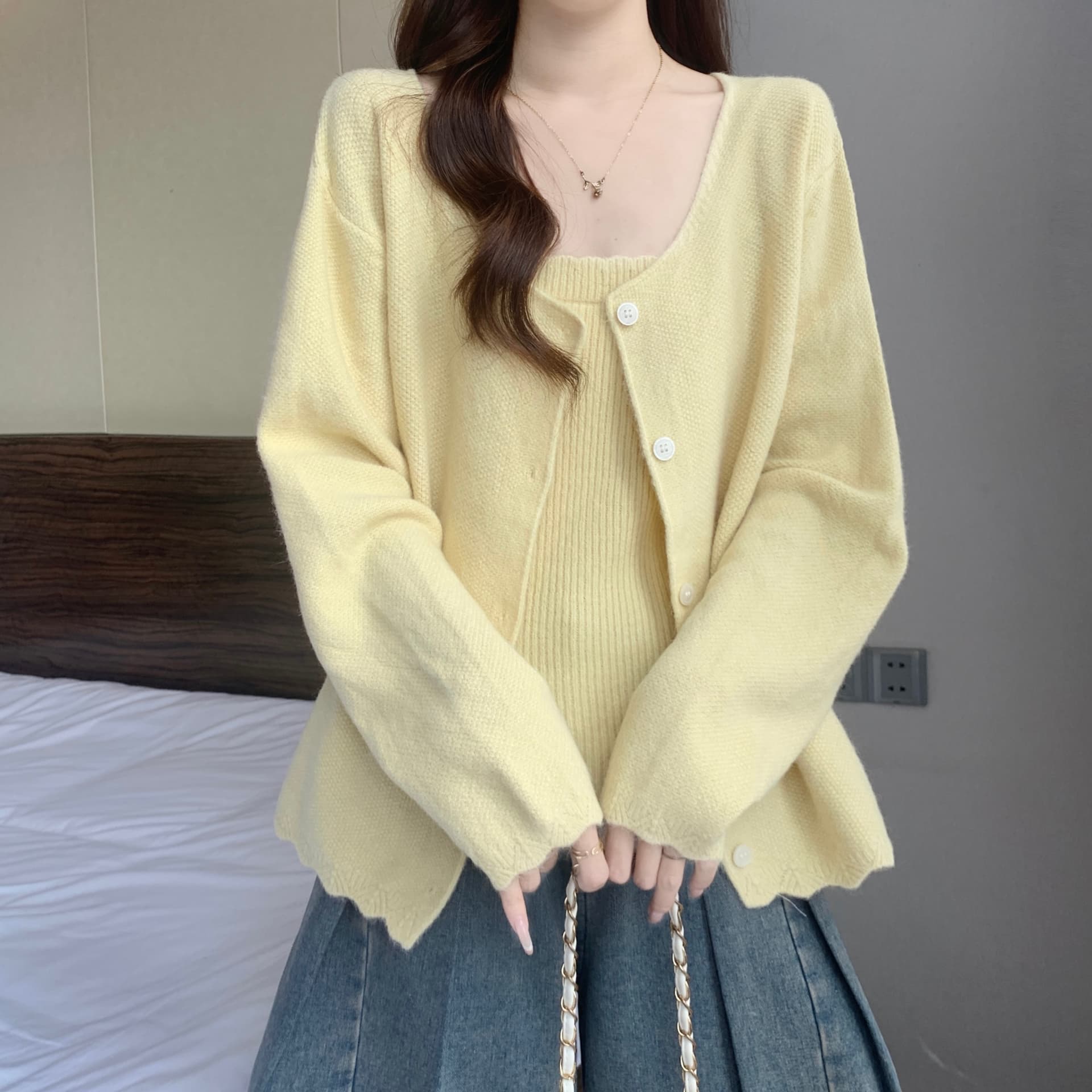 빅 사이즈 지방 mm 가을 새로운 작은 샤넬 스타일 니트 오픈 가디건 캐미솔 투피스 세트 루즈핏 슬림해 보이는 스웨터 상세 이미지 19