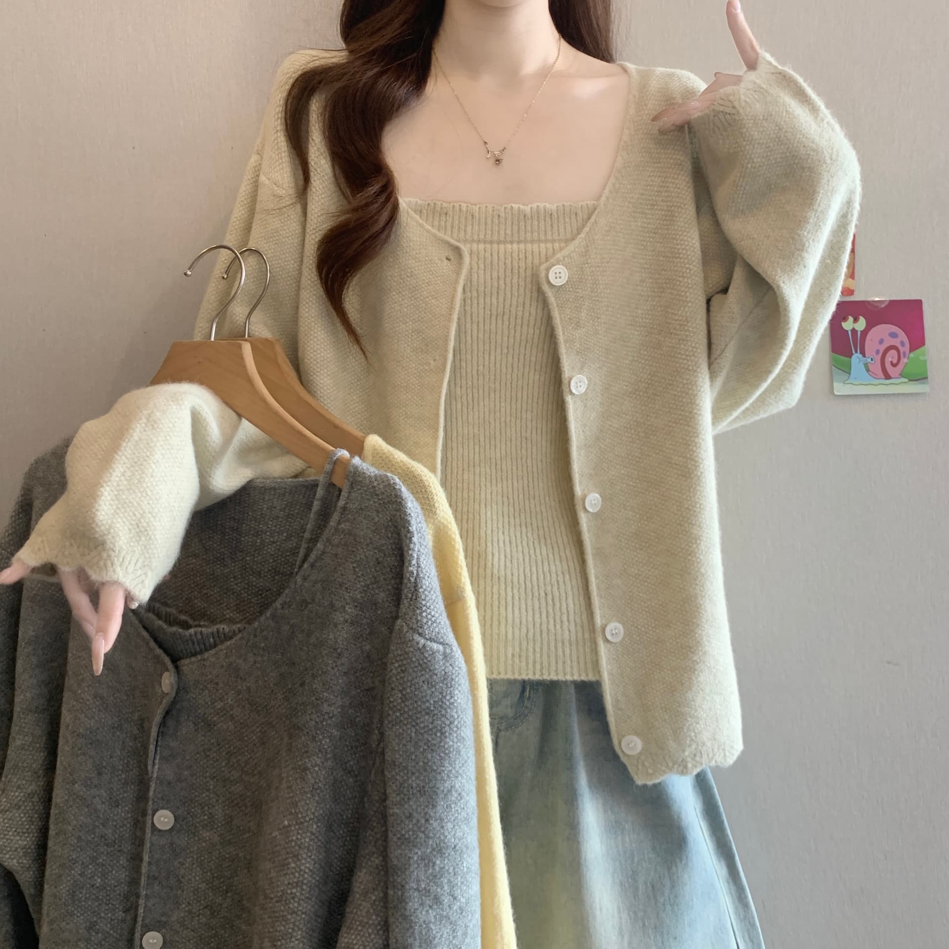 빅 사이즈 지방 mm 가을 새로운 작은 샤넬 스타일 니트 오픈 가디건 캐미솔 투피스 세트 루즈핏 슬림해 보이는 스웨터 상세 이미지 25