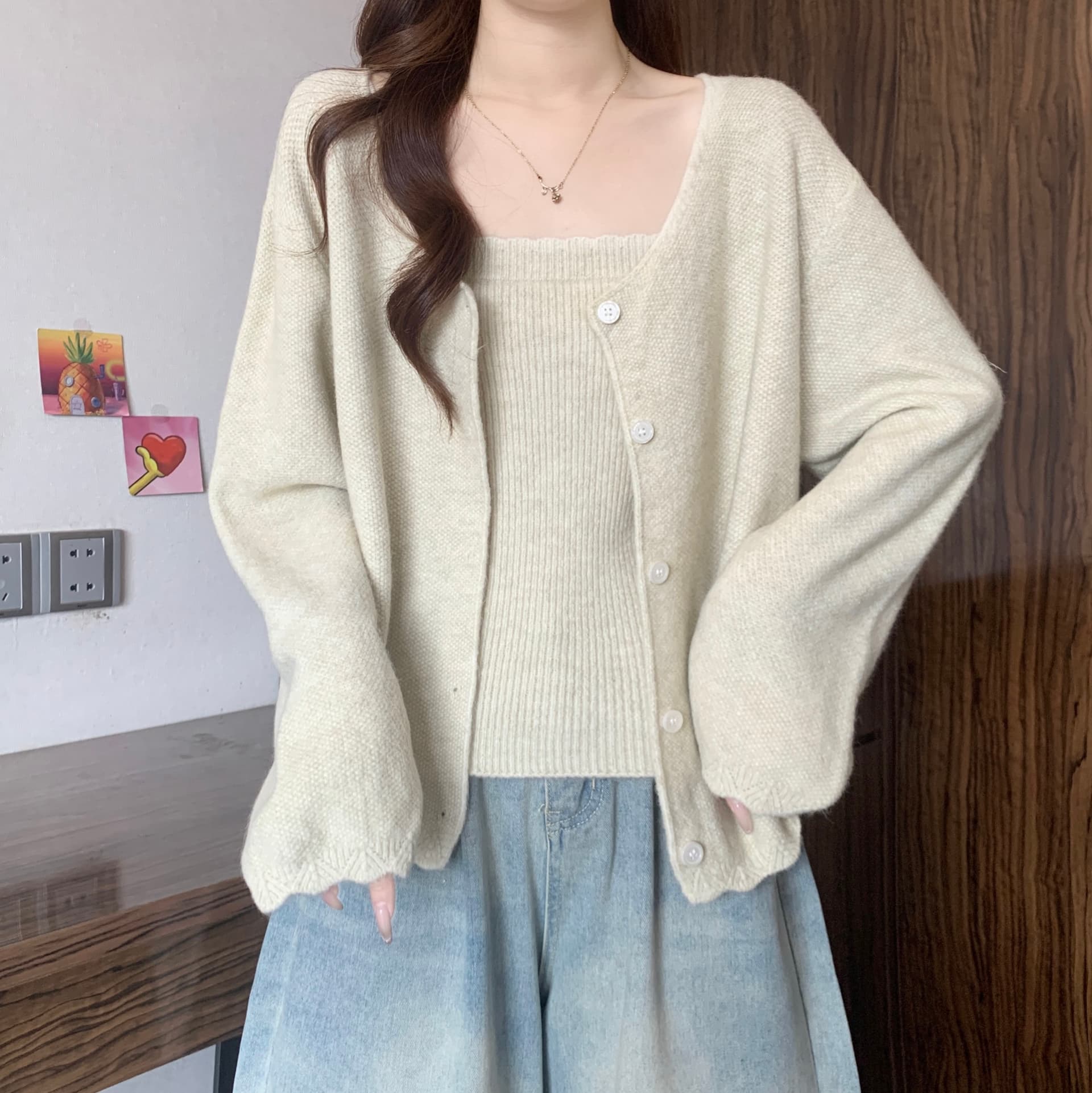 빅 사이즈 지방 mm 가을 새로운 작은 샤넬 스타일 니트 오픈 가디건 캐미솔 투피스 세트 루즈핏 슬림해 보이는 스웨터 상세 이미지 28