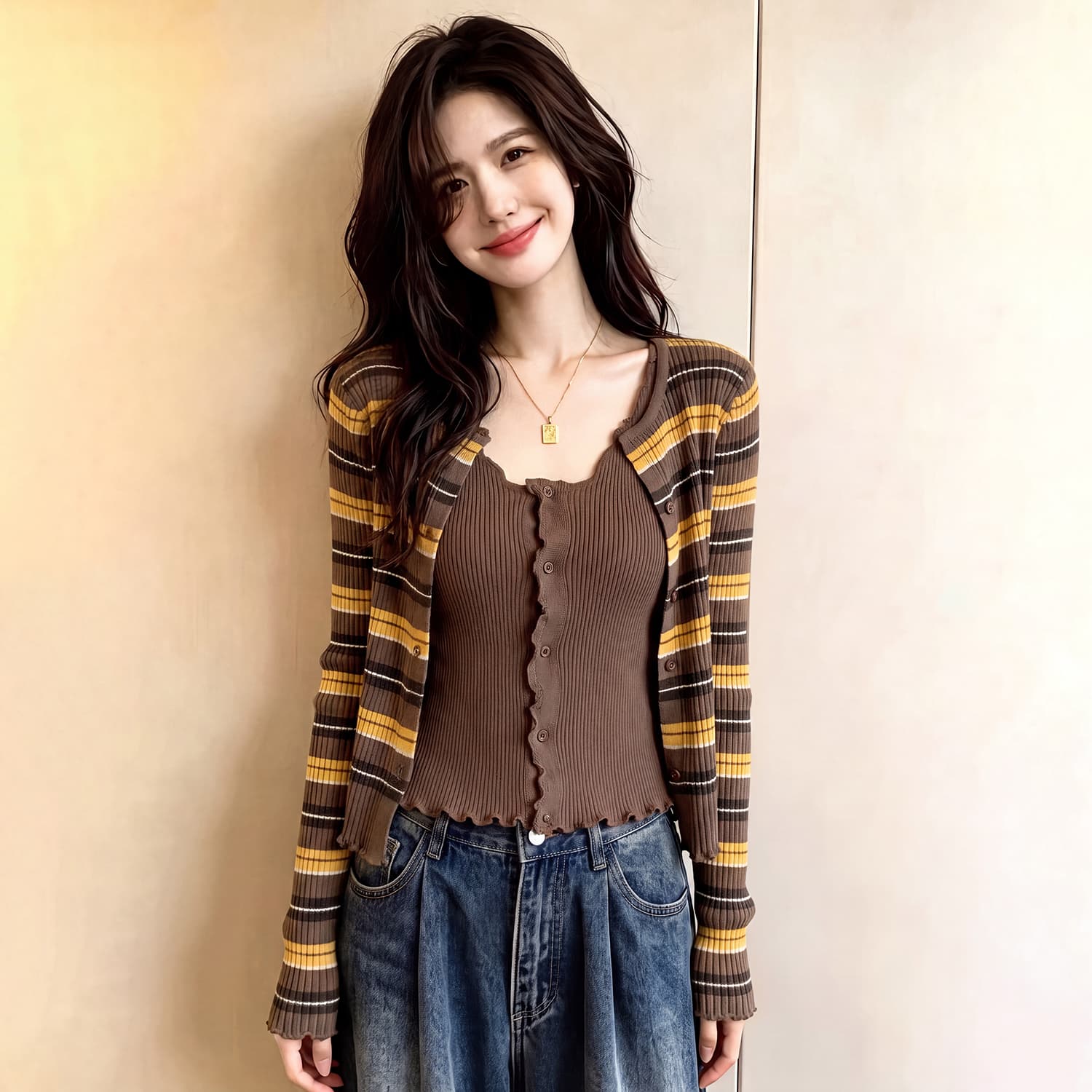 빅 사이즈 지방 mm 가을 새로운 스트라이프 캐주얼 패션 슬림해 보이는 미니멀리즘 외국 가스 스웨터 투피스 세트 니트 맨위 이미지 2