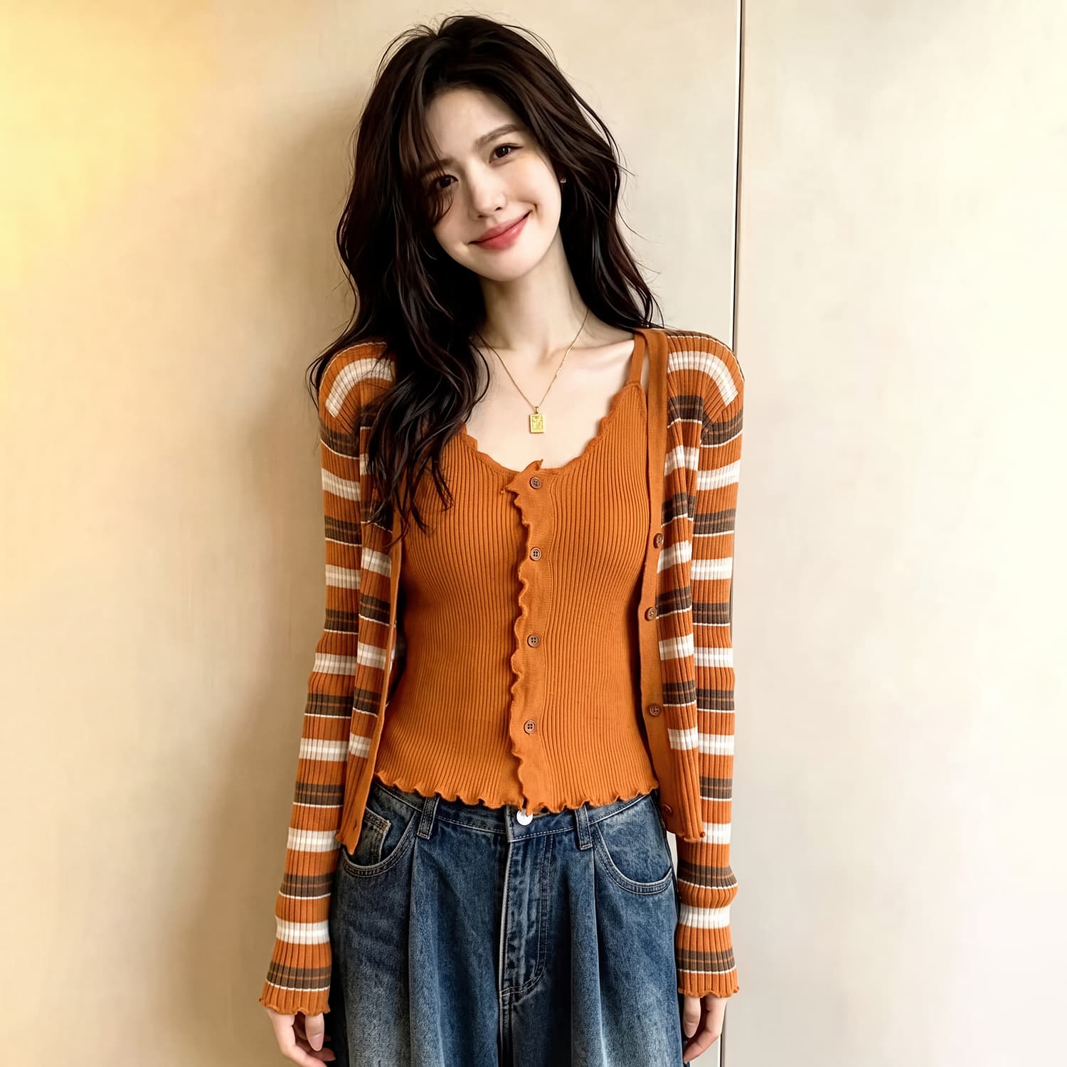 빅 사이즈 지방 mm 가을 새로운 스트라이프 캐주얼 패션 슬림해 보이는 미니멀리즘 외국 가스 스웨터 투피스 세트 니트 맨위 상세 이미지 5
